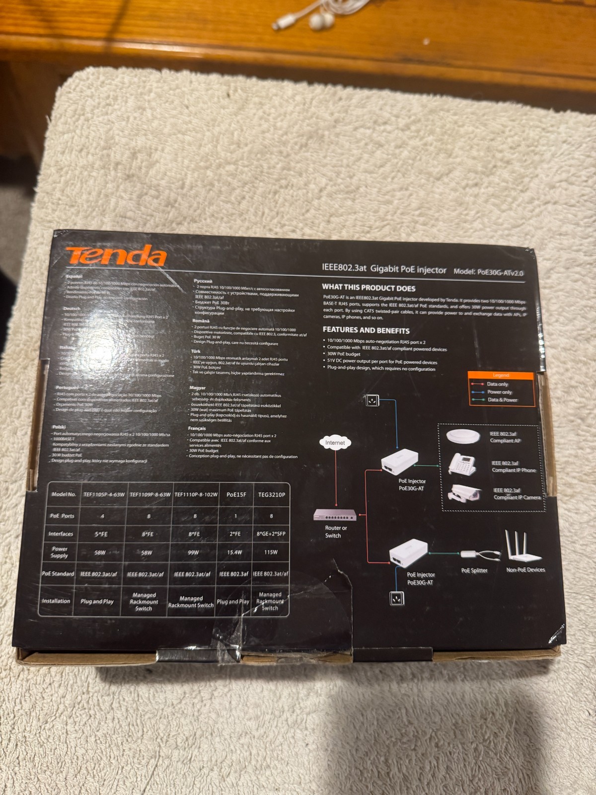 Tenda POE Injector IEEE802.3at Gigabit PoE Injector - OPEN BOX