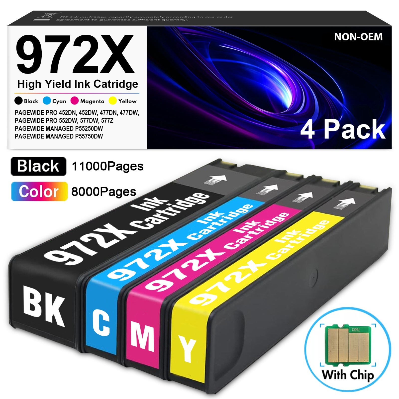 972X 972A Ink Cartridge (4-Pack) for HP PageWide Pro 452dw, 477dw, 577z
