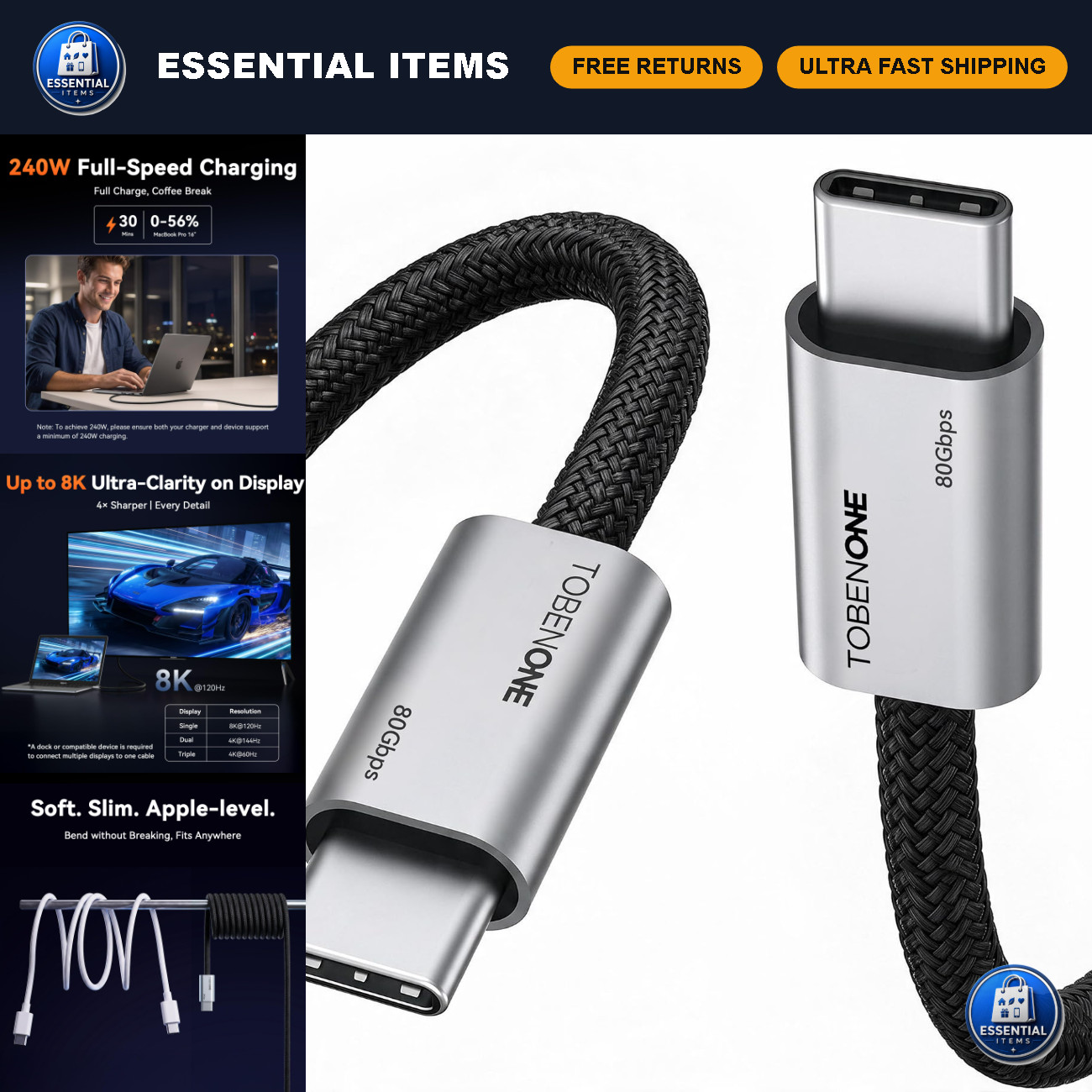 High-Speed 80Gbps USB4 Cable, Thunderbolt 5 Compatible, 240W, 8K@120Hz, 3.3FT