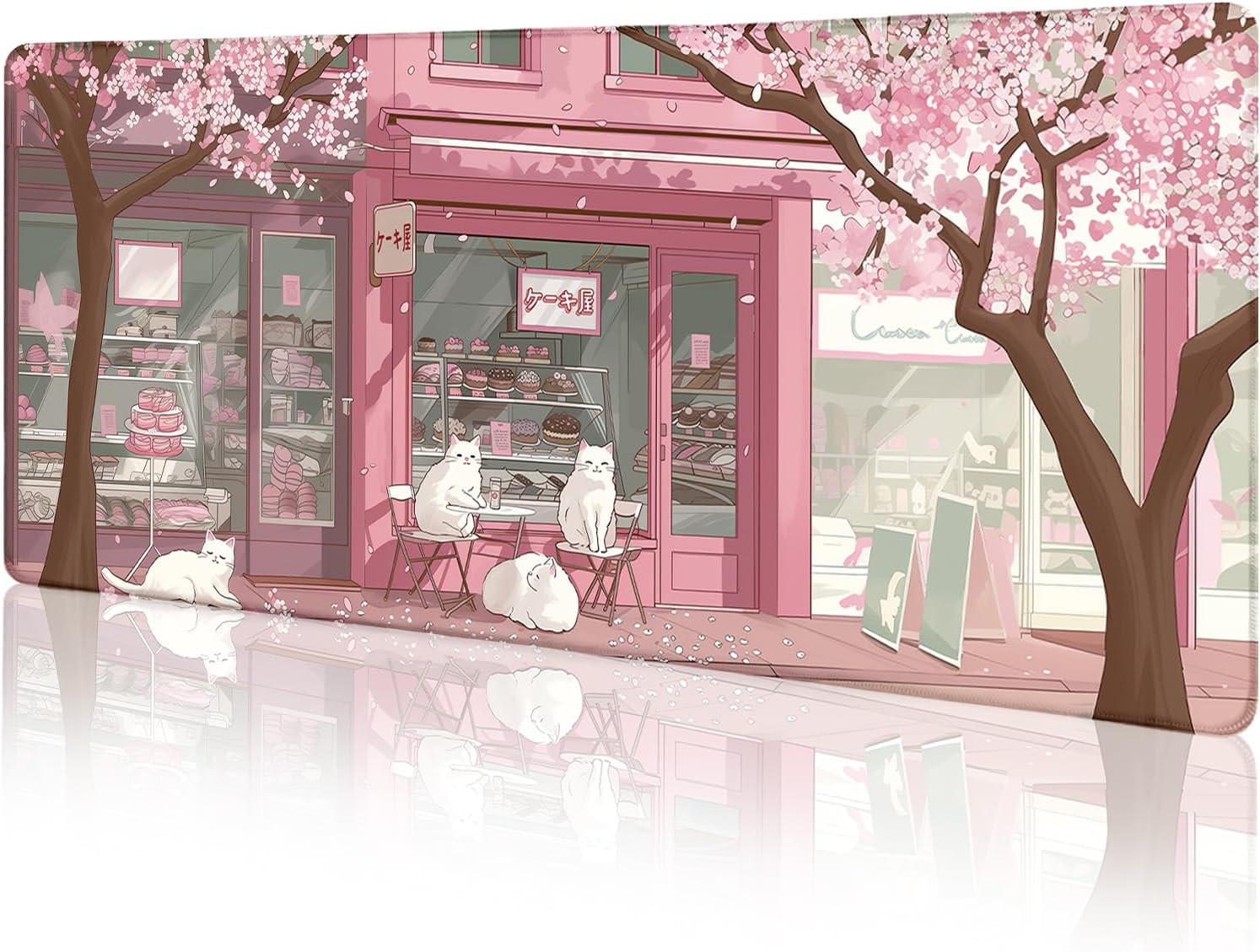 Cat Mouse Pad Large Desk Mat, Pink Cherry Blossom Computer Mousepad with Stitche
