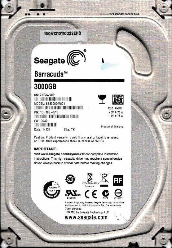 ST3000DM001 F/W: CC47 P/N: 1CH166-515 TK Z1F 09/2013 Seagate 3TB