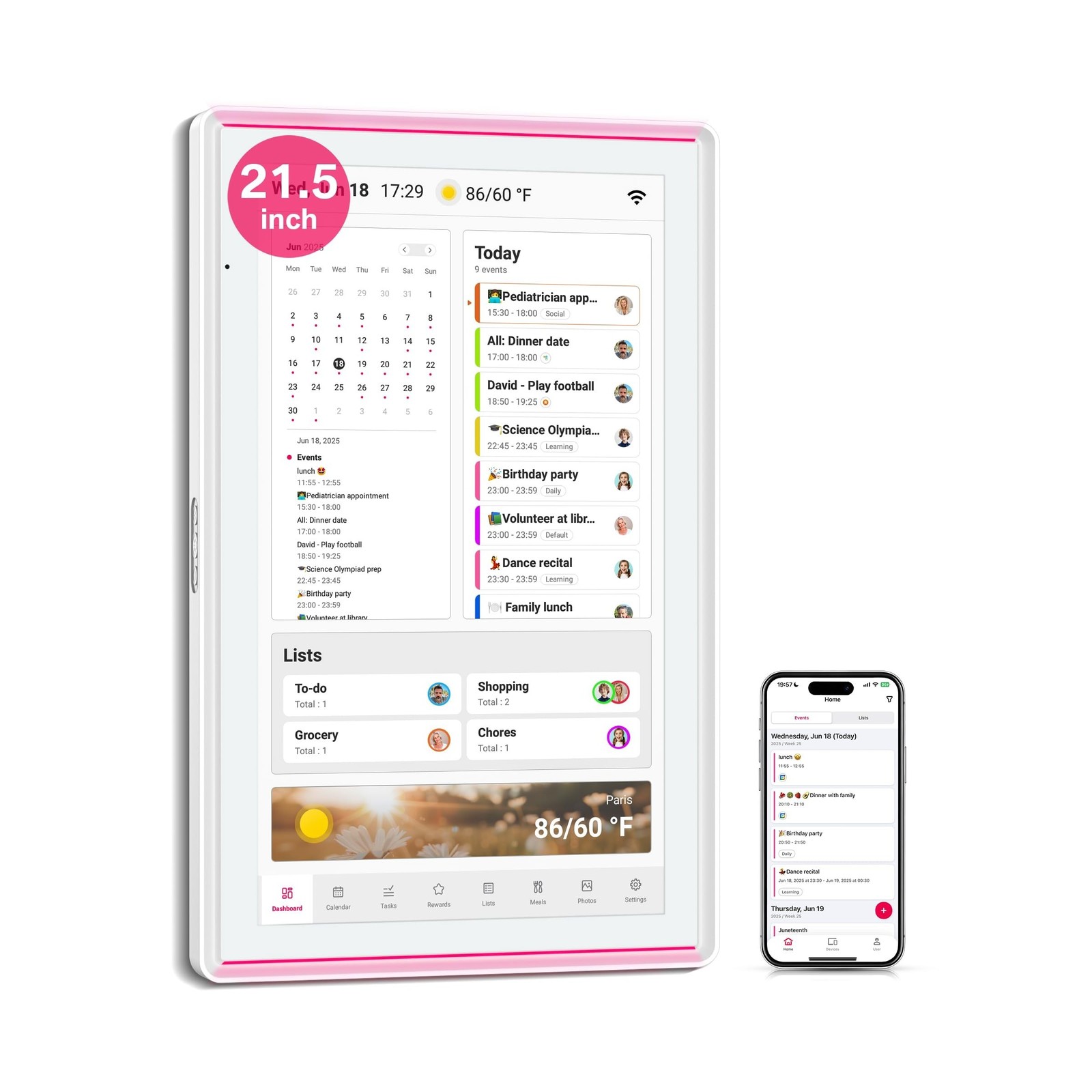 21.5 Inch Digital Calendar, Full HD Touchscreen Smart Planner for Family Sche...