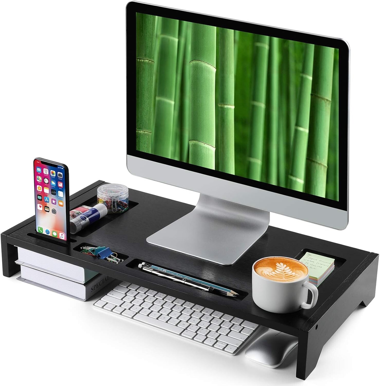 Bamboo Monitor Stand Riser - 23" Black Finished with Storage Organizer