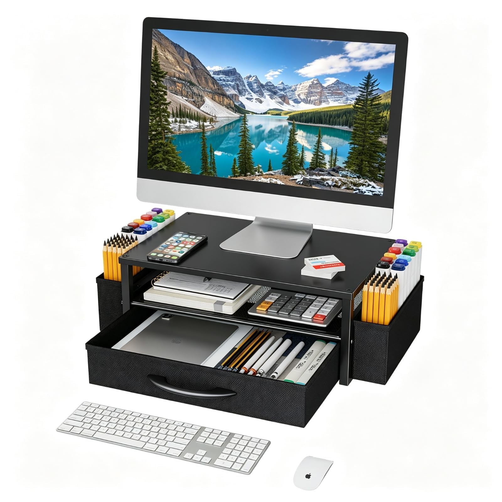 Desk Organizer and , 2-Tier Computer Monitor Stand Riser with Drawer & 2 Pen ...