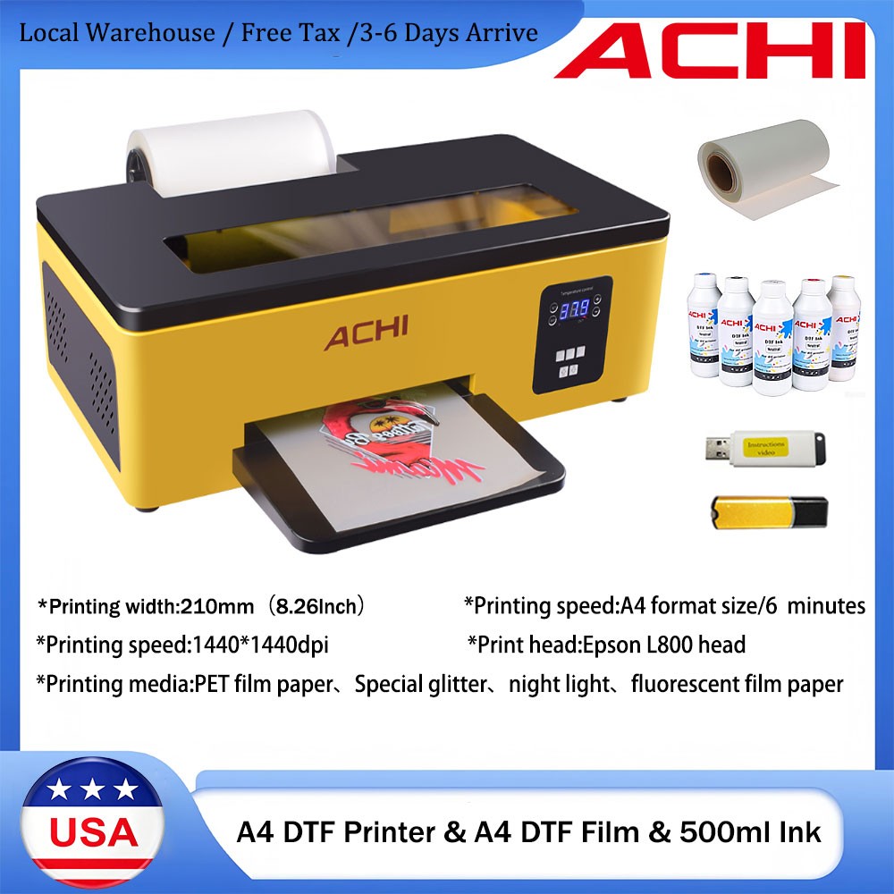 ACHI A4 DTF Printer Flatbed Inkjet Direct To Film DIY T-Shirt Printing US Ship