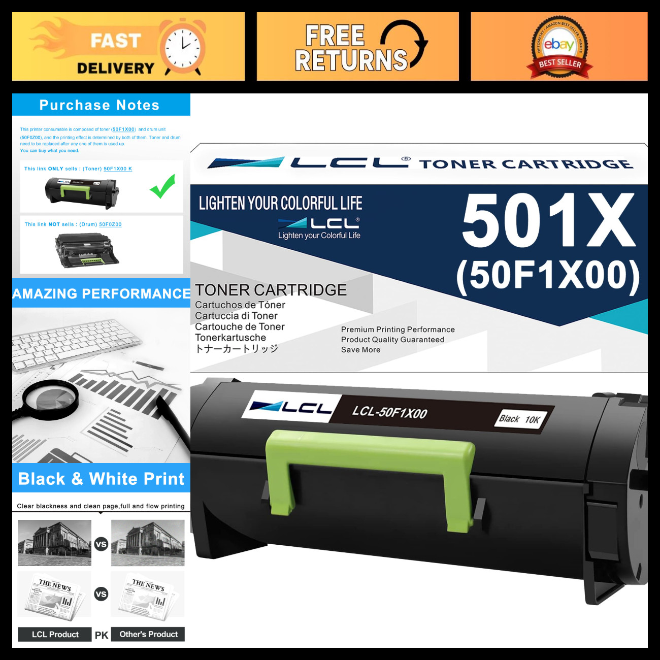 High Yield Black Toner Cartridge Replacement for Lexmark MS410 MS510 Printers -