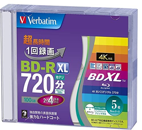 Verbatim BD-R XL 100GB Blu-ray Disc 5 discs Printable 2-4x Speed VBR520YP5V2