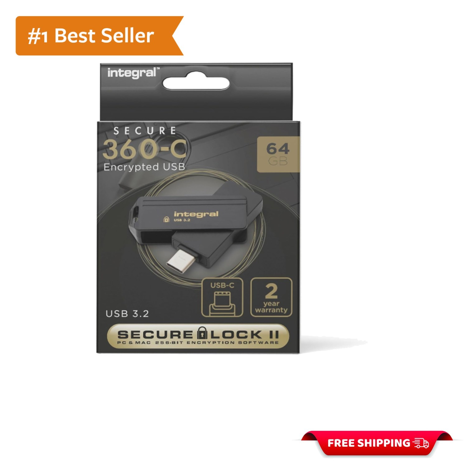 Secure 64GB USB-C Flash Drive - 256-bit AES Encrypted for Ultimate Protection