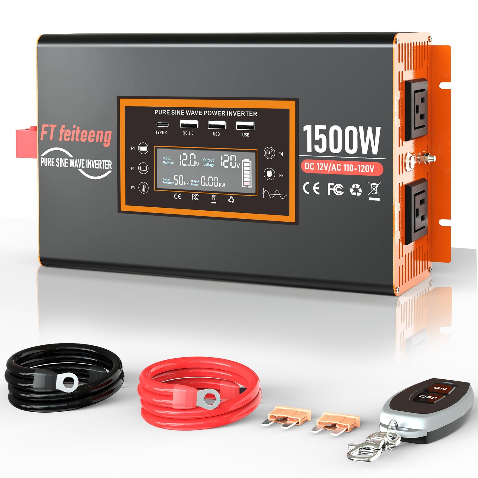 FT feiteeng 1500 Watt Inverter 12V DC to 120V AC Pure Sine Wave Inverter