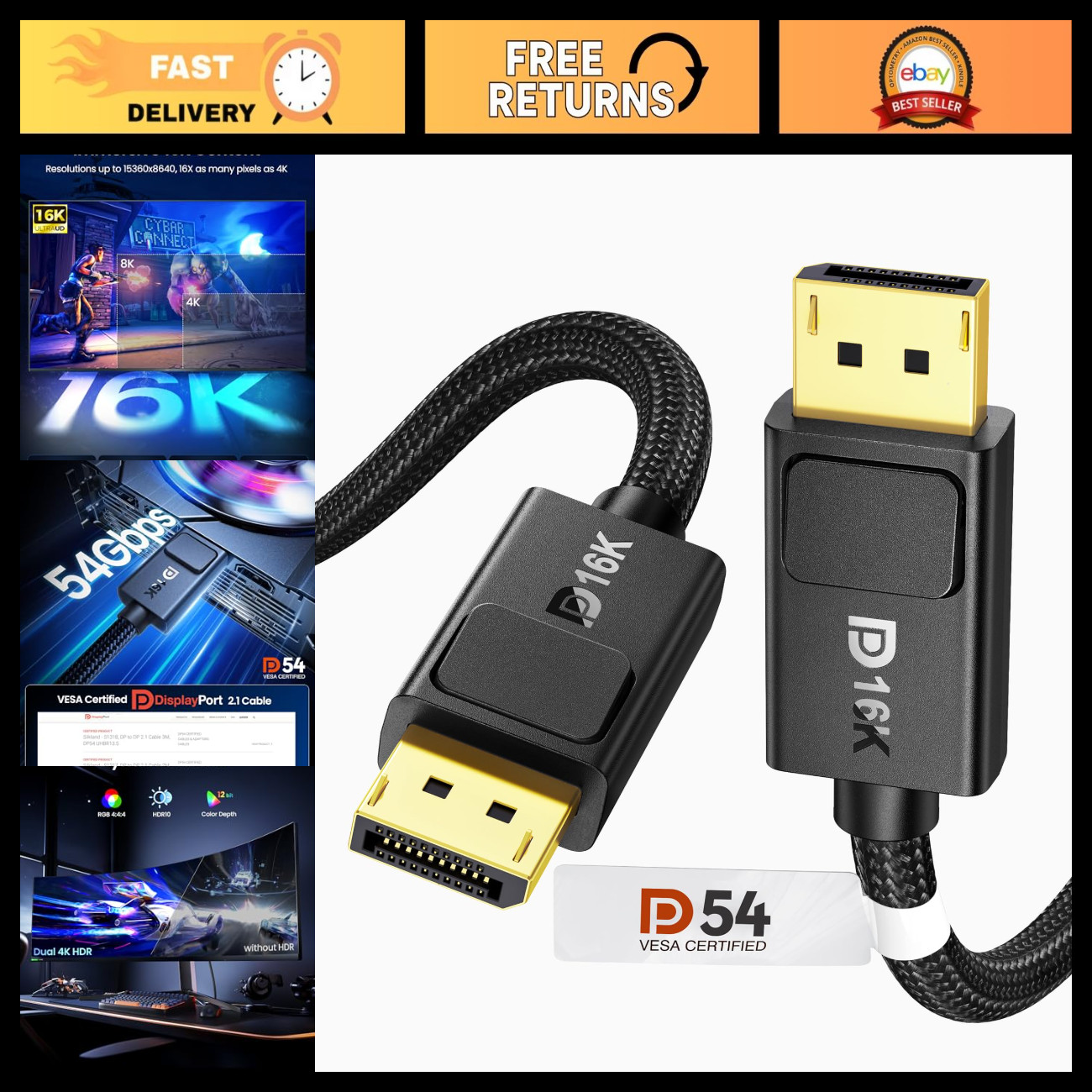 10FT DisplayPort 2.1 Cable 54Gbps, VESA Certified, 8K@165Hz, 4K@480Hz, G-Sync Co
