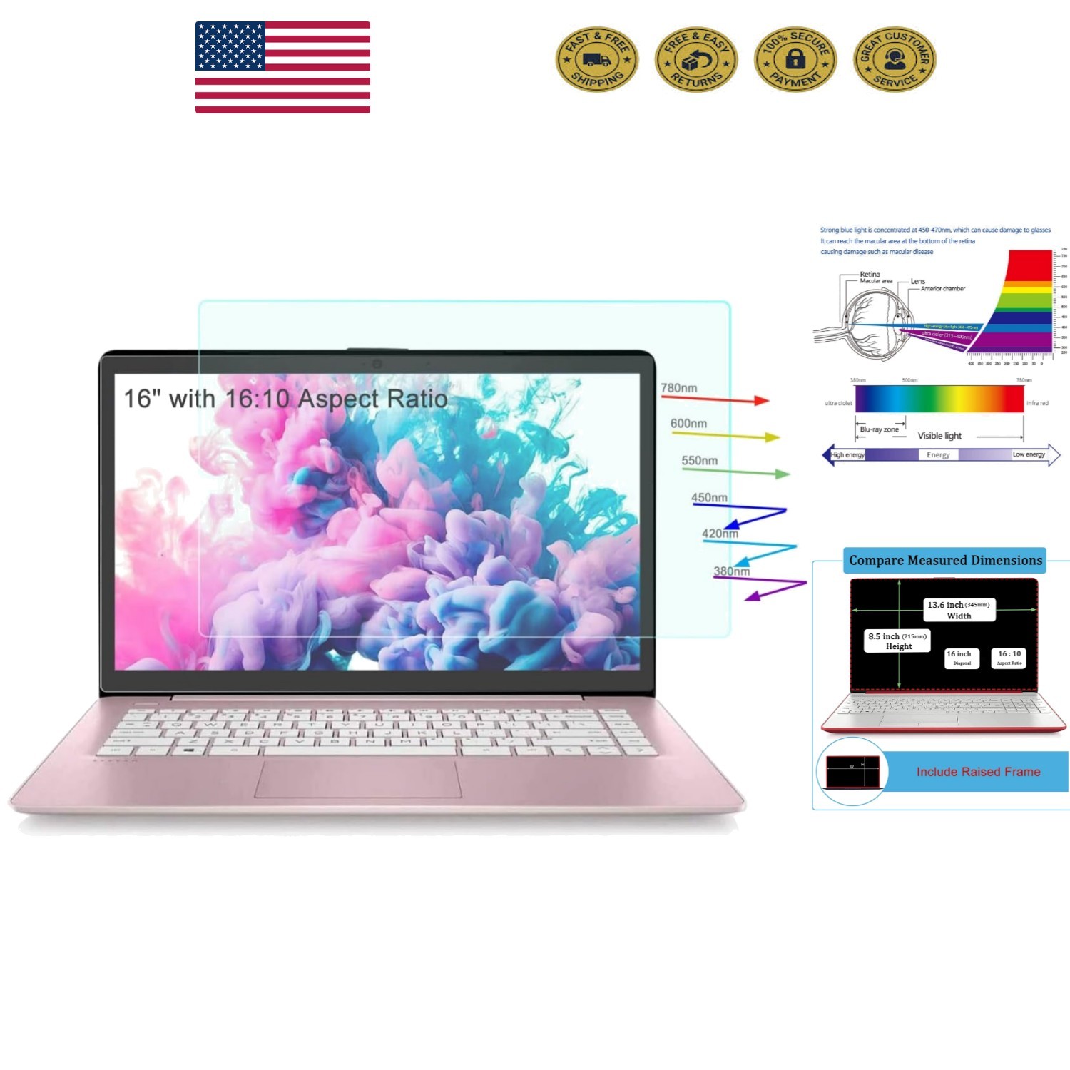 Dual Pack 16" Scratch-Resistant Anti Blue Light Screen Protectors - 5H Hardness