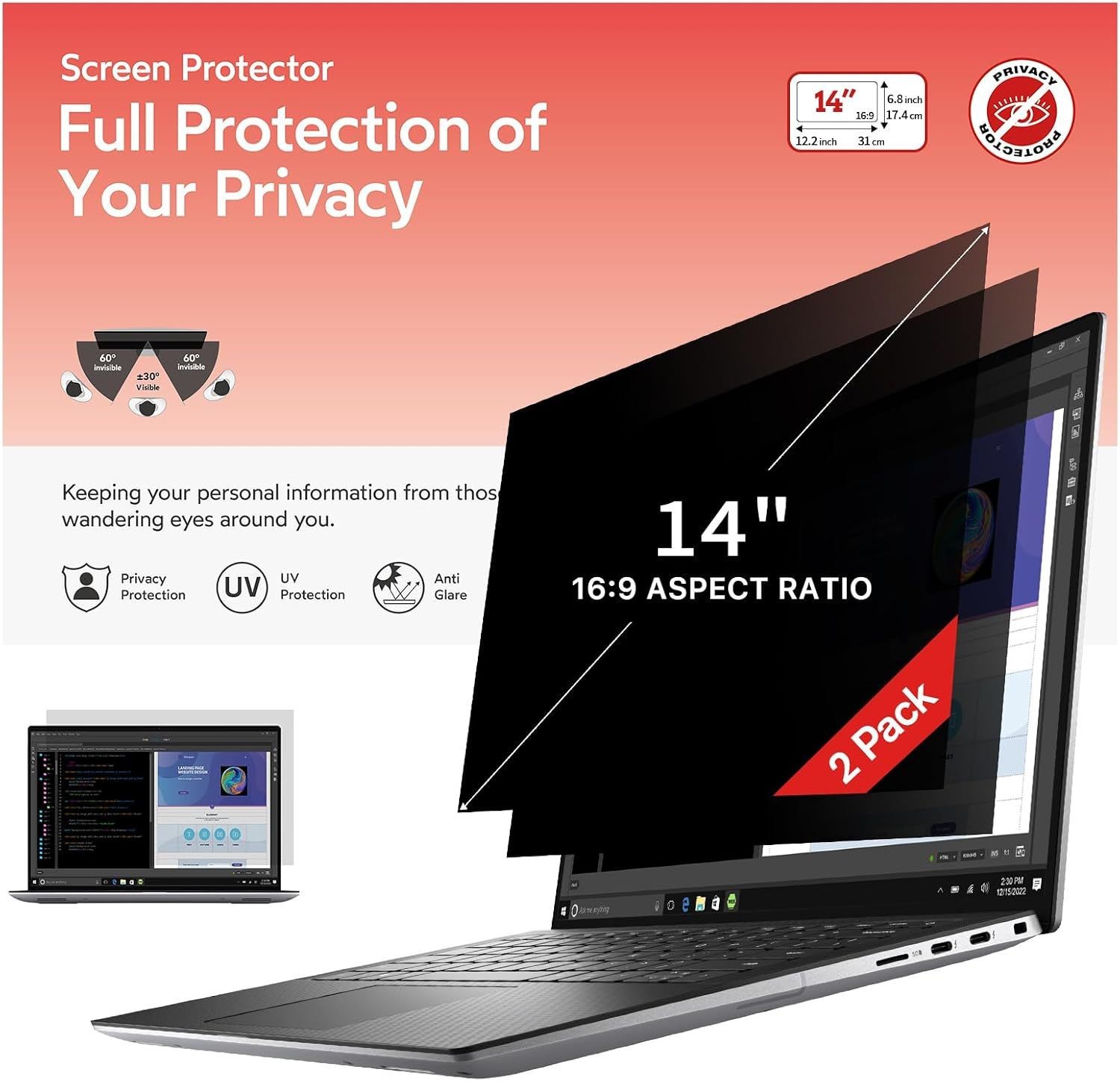 Privacy Screen for 14 Inch Laptop - 2 Pack for 16:9 Ratio Computer Monitor