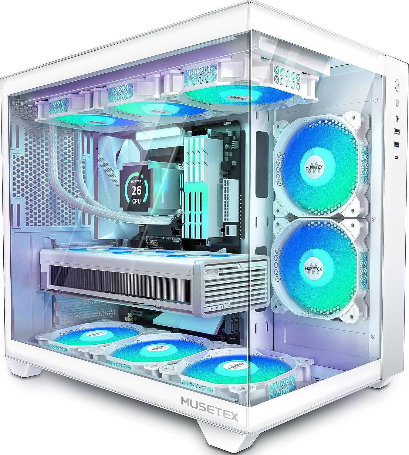 White ATX Gaming Case (5 ARGB Fans) - Tempered Glass, 360mm RAD Support
