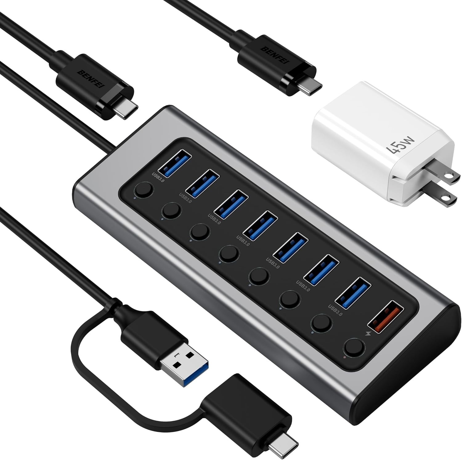 7 Port USB 3.0 Data Hub Powered 45W GaN Fast Charger Dual USB-A USB-C BC 1.2