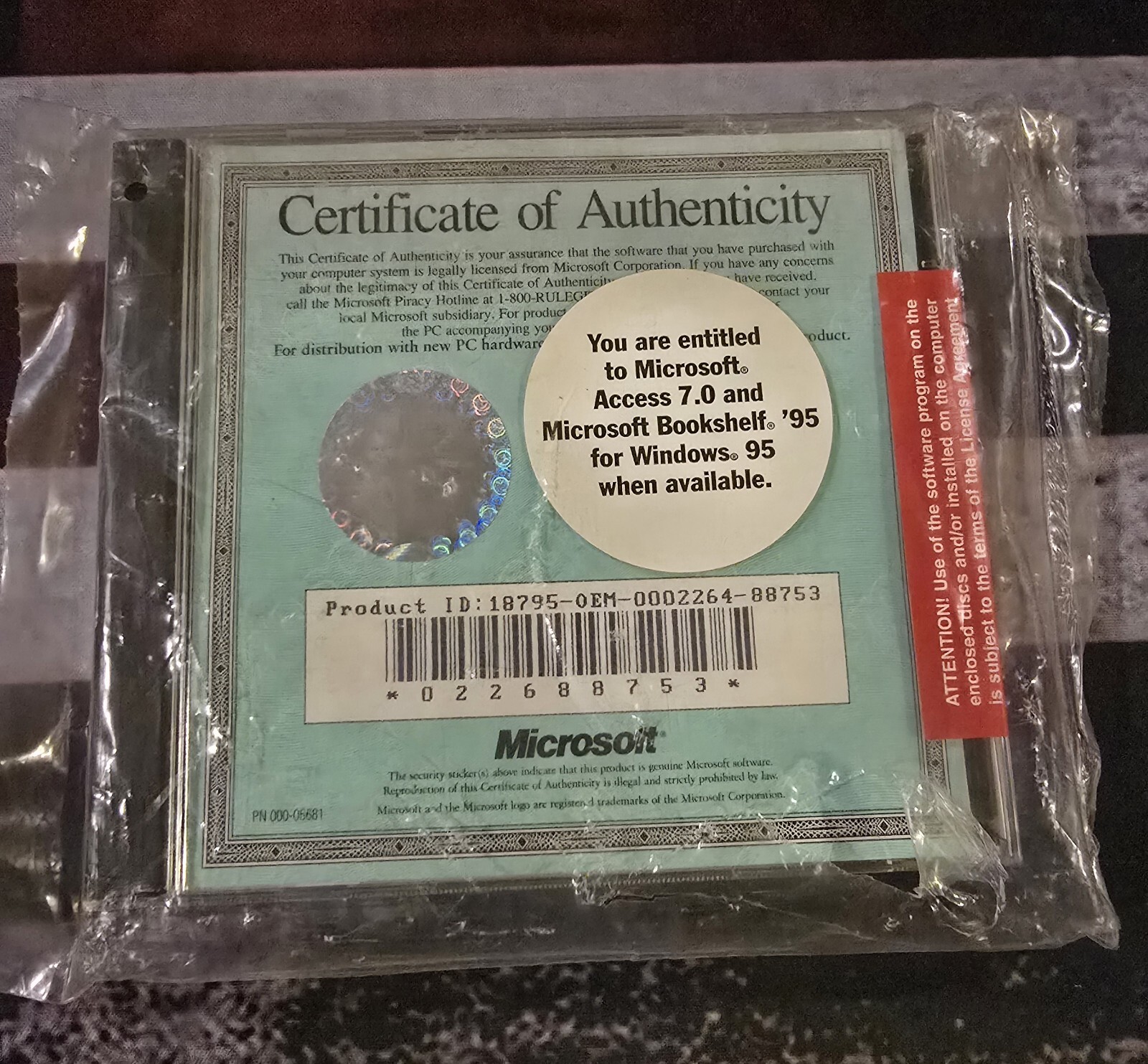 MICROSOFT OFFICE PRO 7.0 /BOOKSHELF '95CERTIFICATE OF AUTHENTICITY FOR WINDOWS95