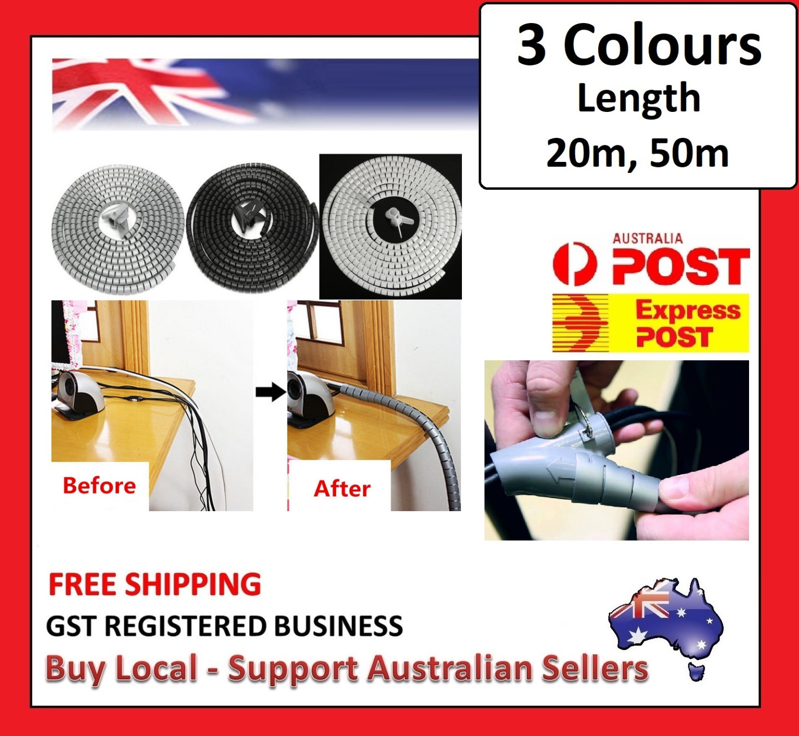 20m 50m Flexible Spiral Cable Cord Power Wire Storage Management Organizer Wrap