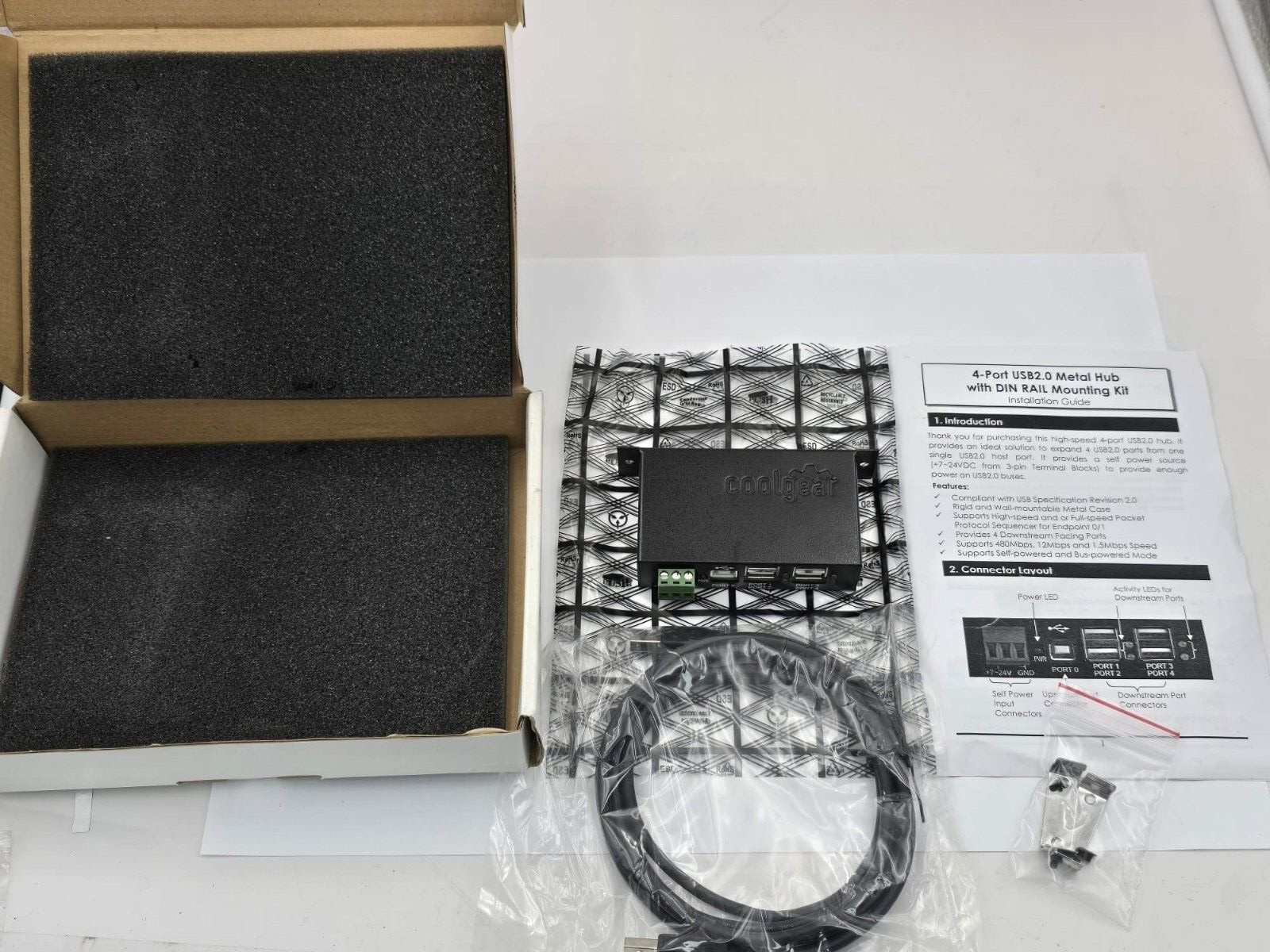 Coolgear USBG-4u2ml 4-Port USB 2.0 Metal Hub w/din rail kit