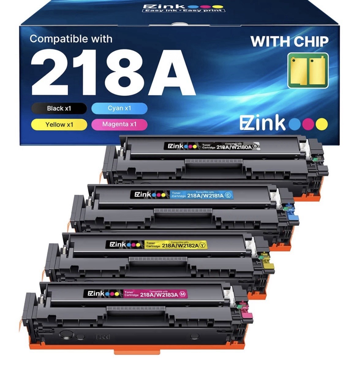 E-Z Ink Compatible HP 218A Toner Cartridges 4 Pack with Chip Bla Cya Yel Magenta