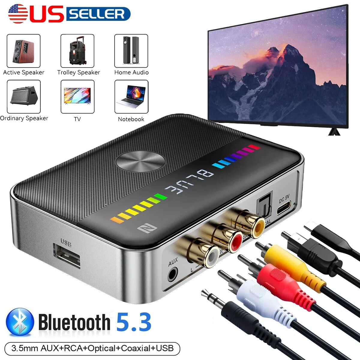 Bluetooth 5.3 Transmitter Receiver Adapter USB NFC 3.5mm AUX RCA Coaxial Optica