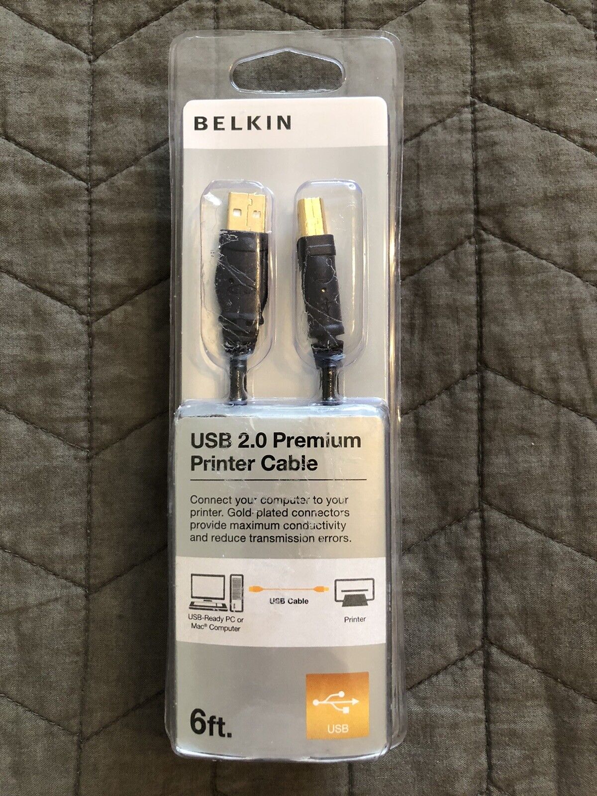 Belkin USB 2.0 Premium 6 Ft Printer Cable Gold Plated Connectors NIB