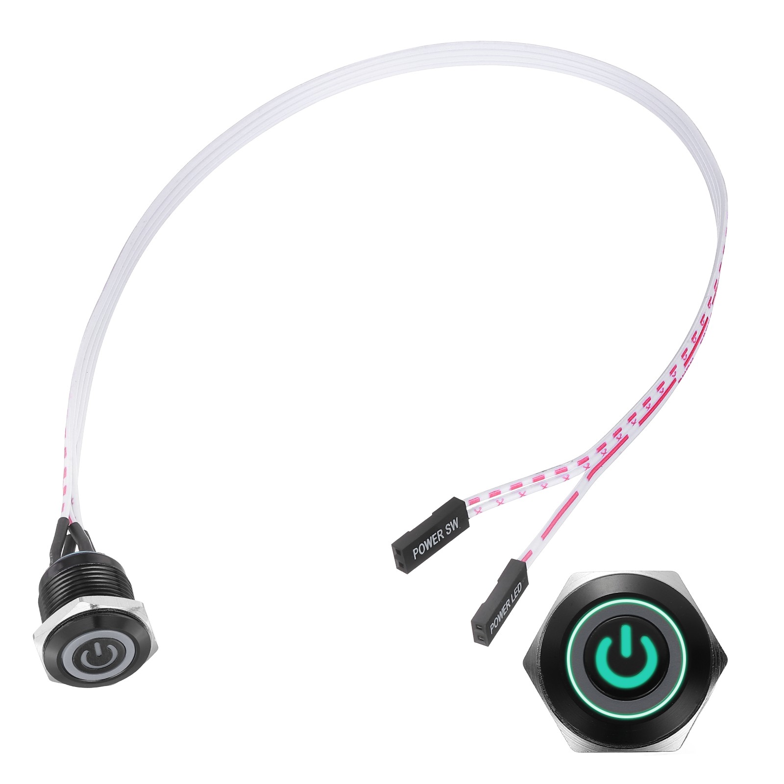 Chassis Metal Button 16mm Power Symbol Green LED Power Button 30cm Wire, Black