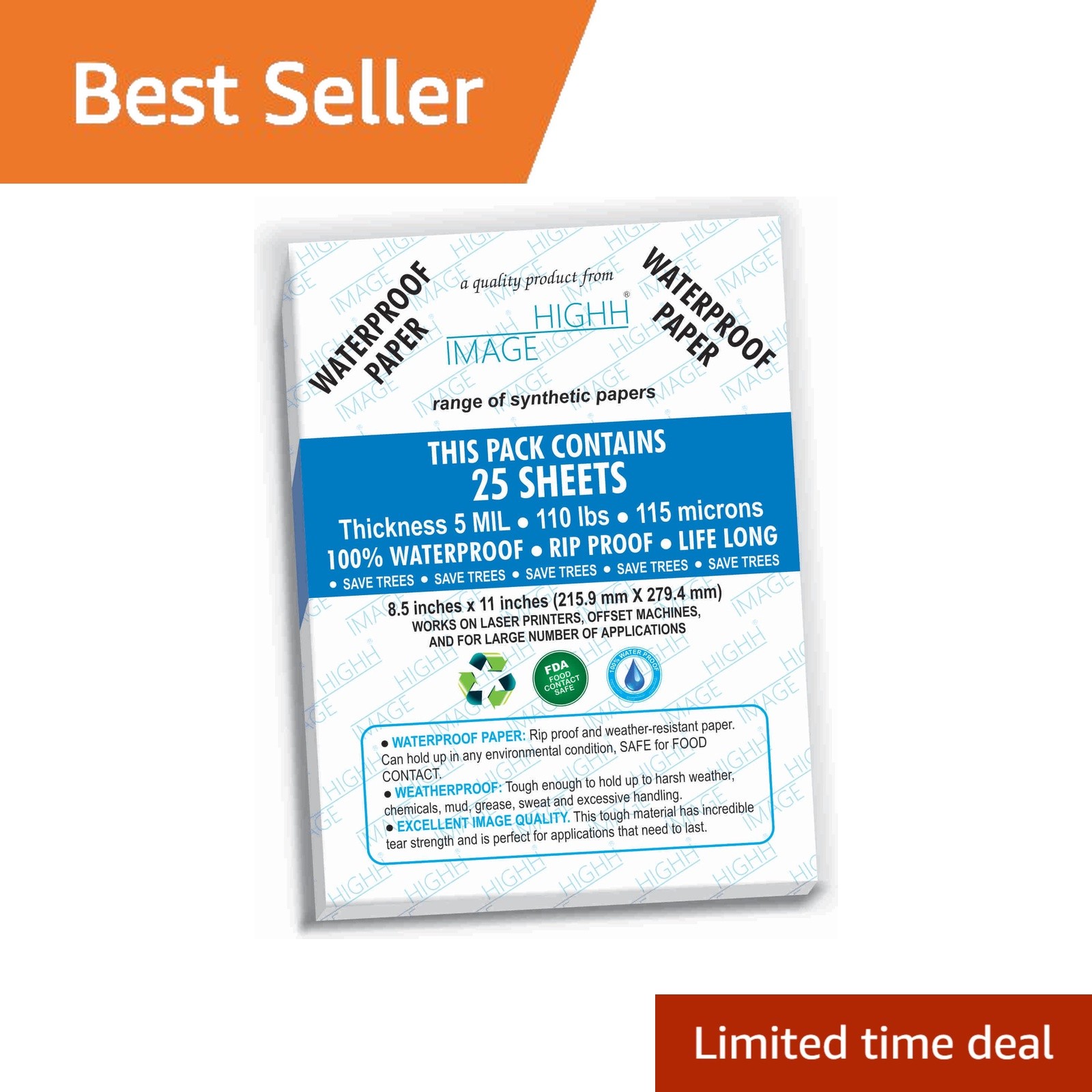 HIGHH IMAGE Waterproof Synthetic Paper 8.5x11, 25 Sheets