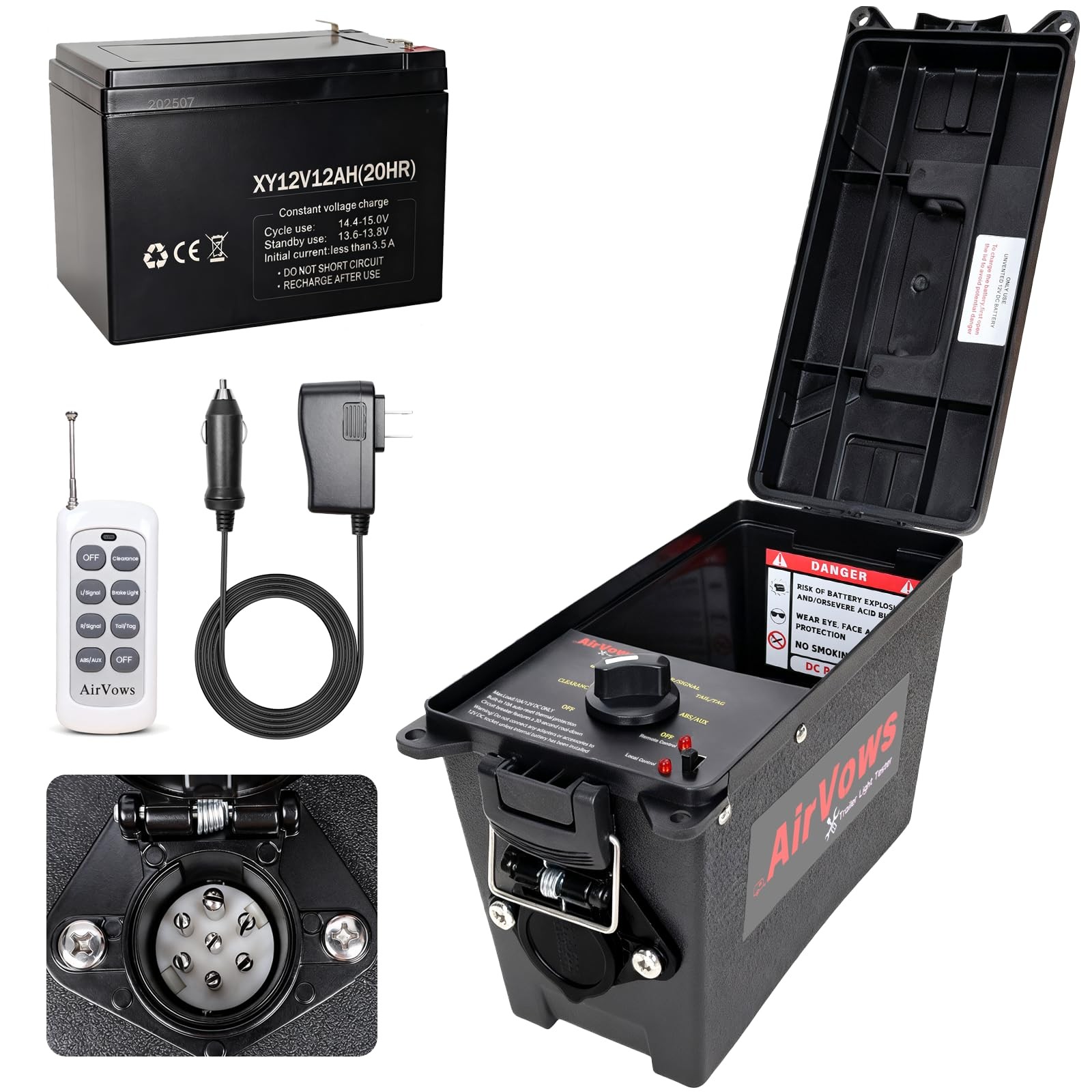 Trailer Light Tester(7-Way Round Pin) with 12V 12Ah Battery,Support Black