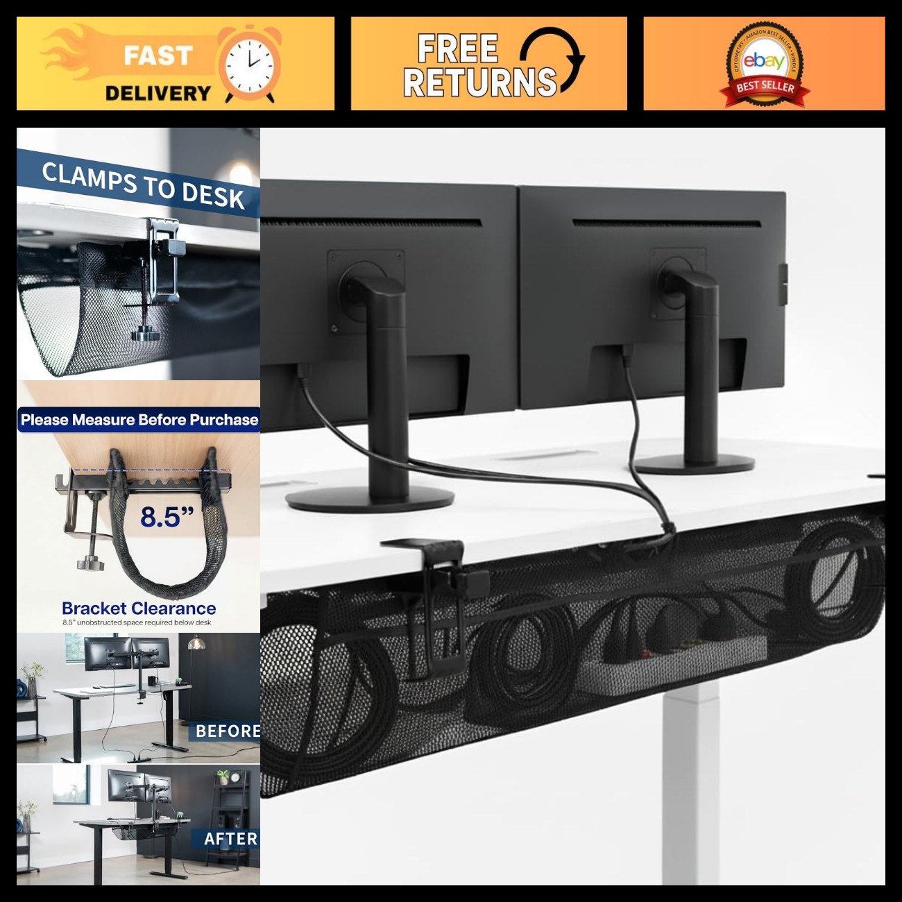 44" Black Clamp-on Mesh Net Cable Management Holder for Desk - Tidy Up Cables