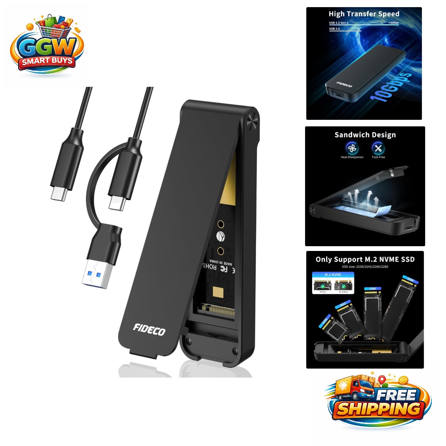 Aluminum M.2 NVMe USB Reader - 10Gbps Transfer, Sandwich Design, Tool-Free