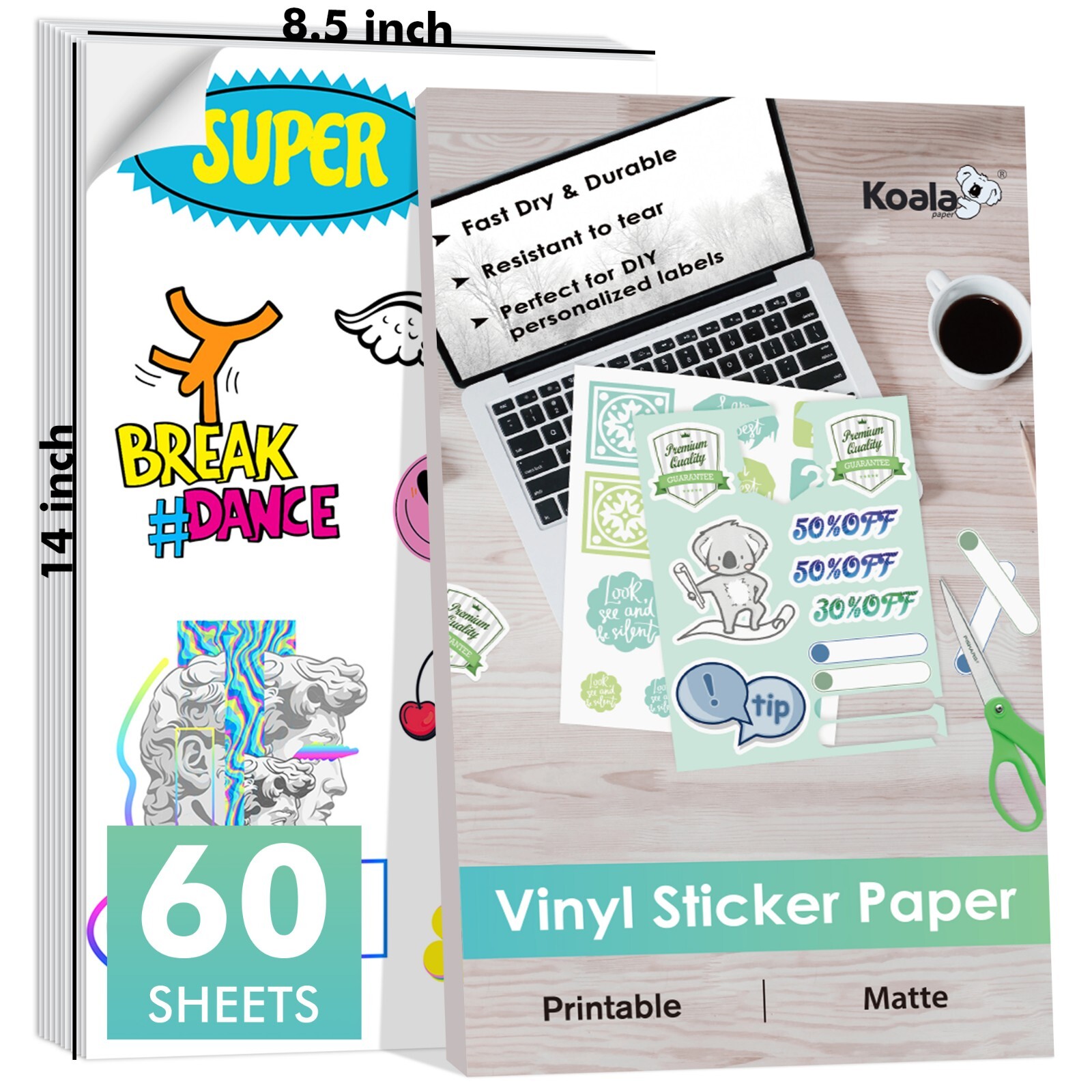 Koala Printable Vinyl Sticker Paper for Inkjet Laser 60PK 8.5x14 Waterproof Matt