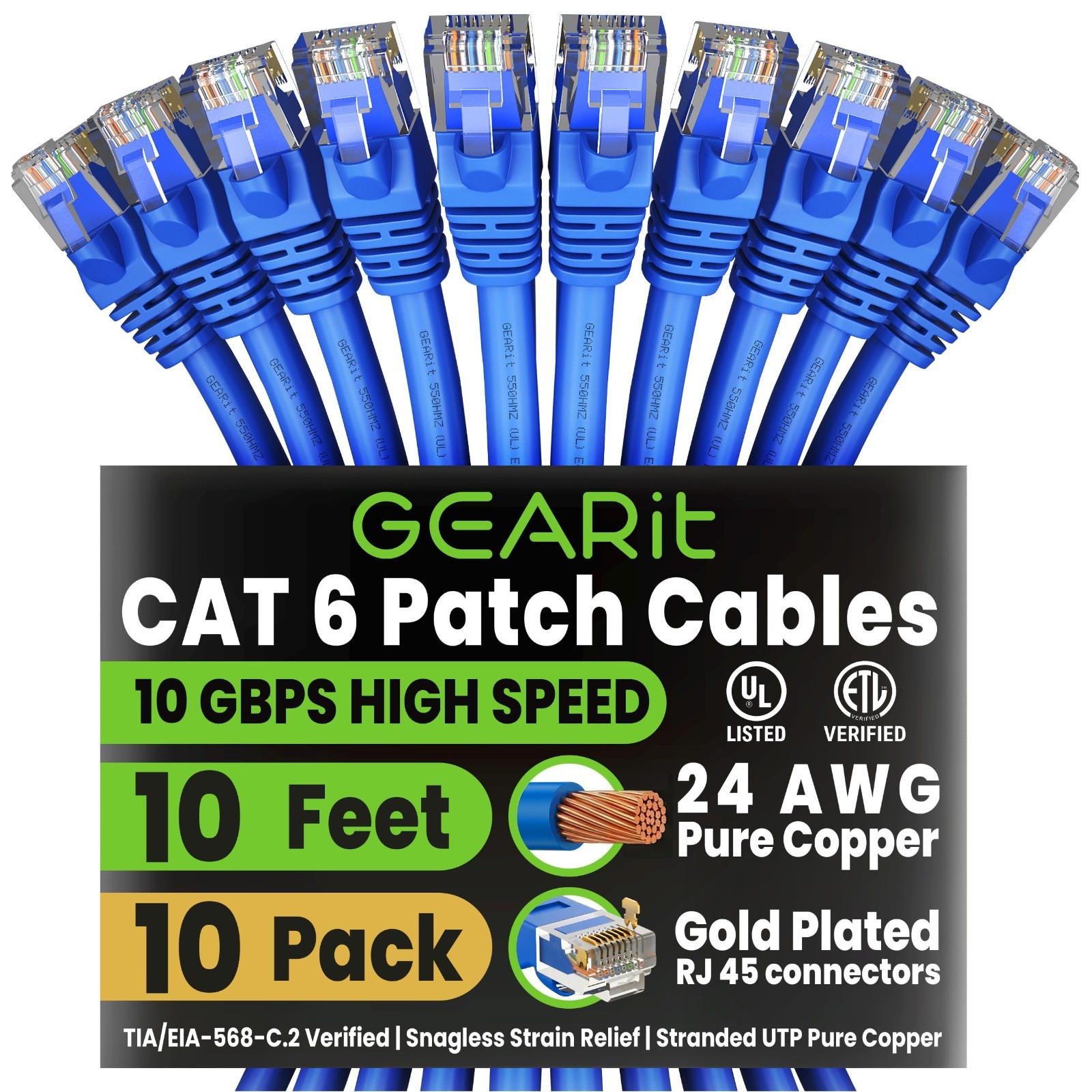 GearIT Cat6 Ethernet Patch Cables 10ft 10-Pack RJ45 Snagless Blue 10Gbps