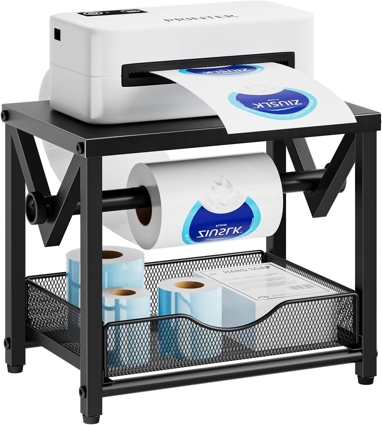 Metal Thermal Label Printer Holder Stand with Drawer for Roll & Fanfold