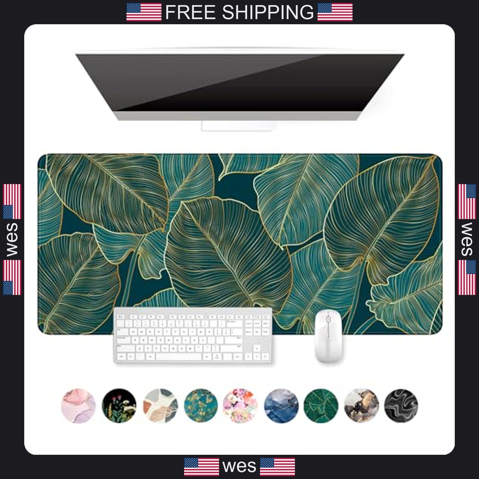 Large Green Tropical Leaves Desk Mat XXL Gaming Mouse Pad 35.5x15.7 in