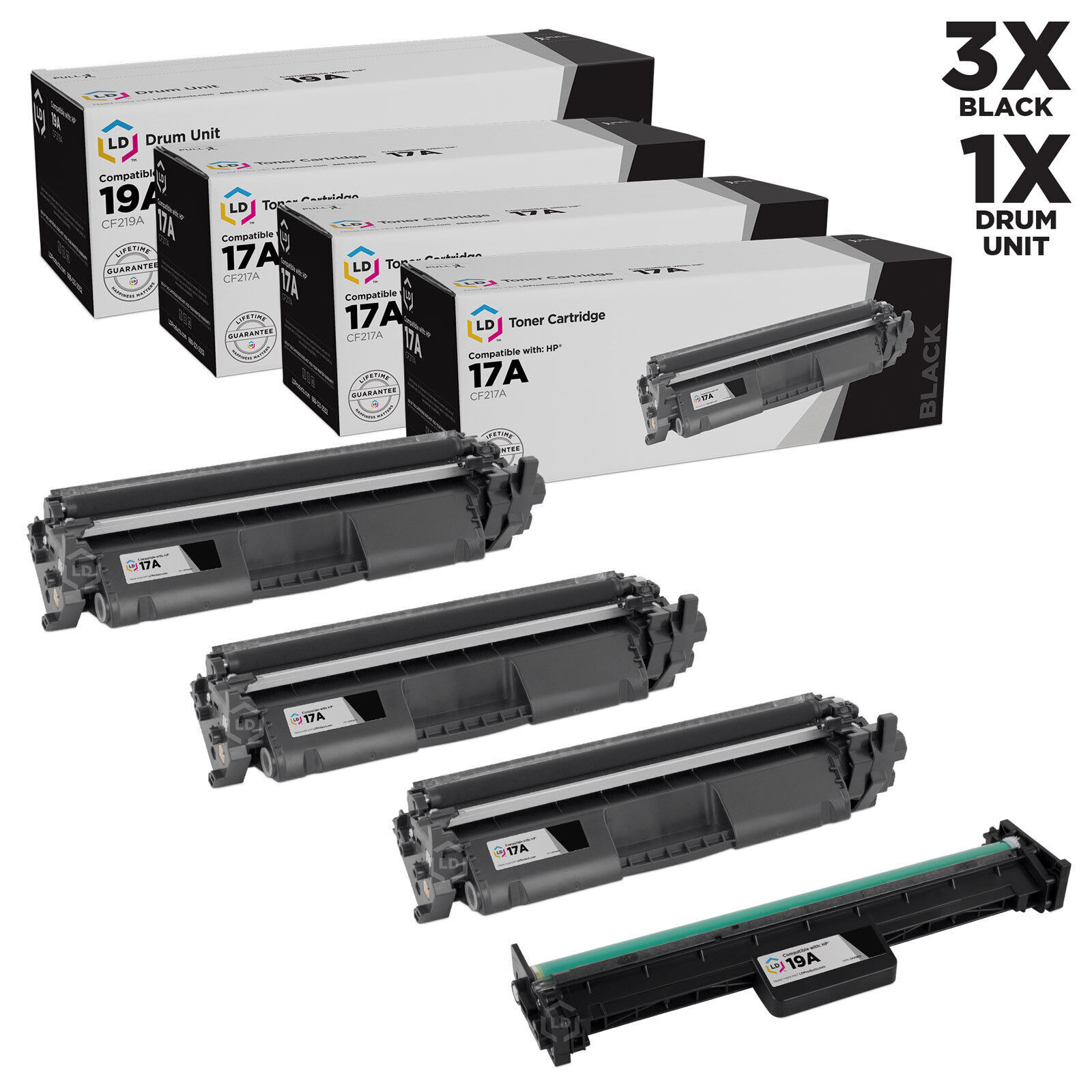 LD Compatible Replacements for HP CF217A Toner & CF219A Drum (3 Toners 1 Drum)