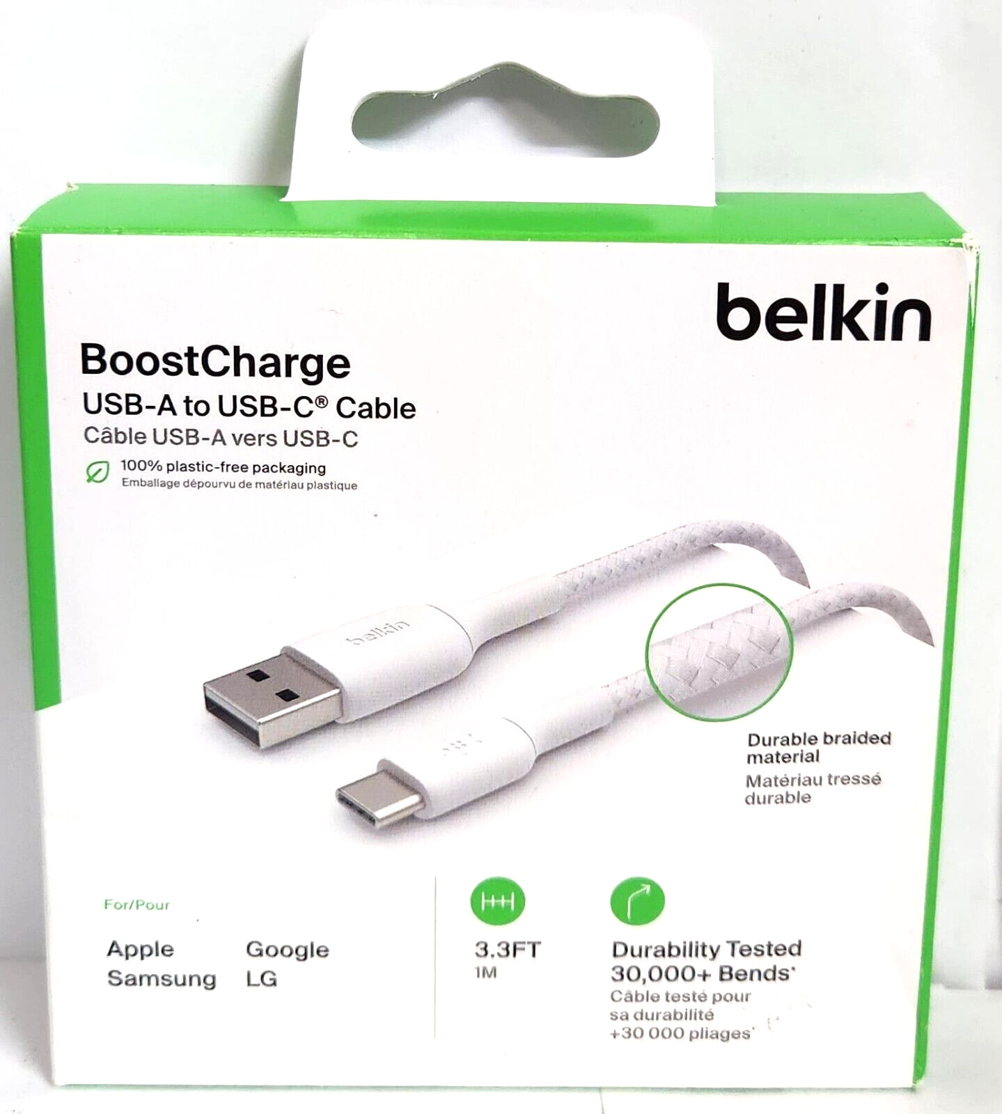 Belkin BoostCharge Braided USB-C to USB-A Cable (1m / 3.3ft, White) NEW