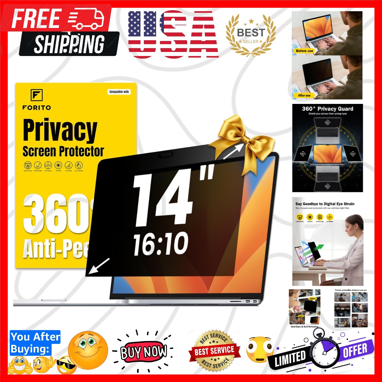 14 Inch 16:10 Laptop Privacy Screen Protector, 360° Anti Peeping and Anti Gla...
