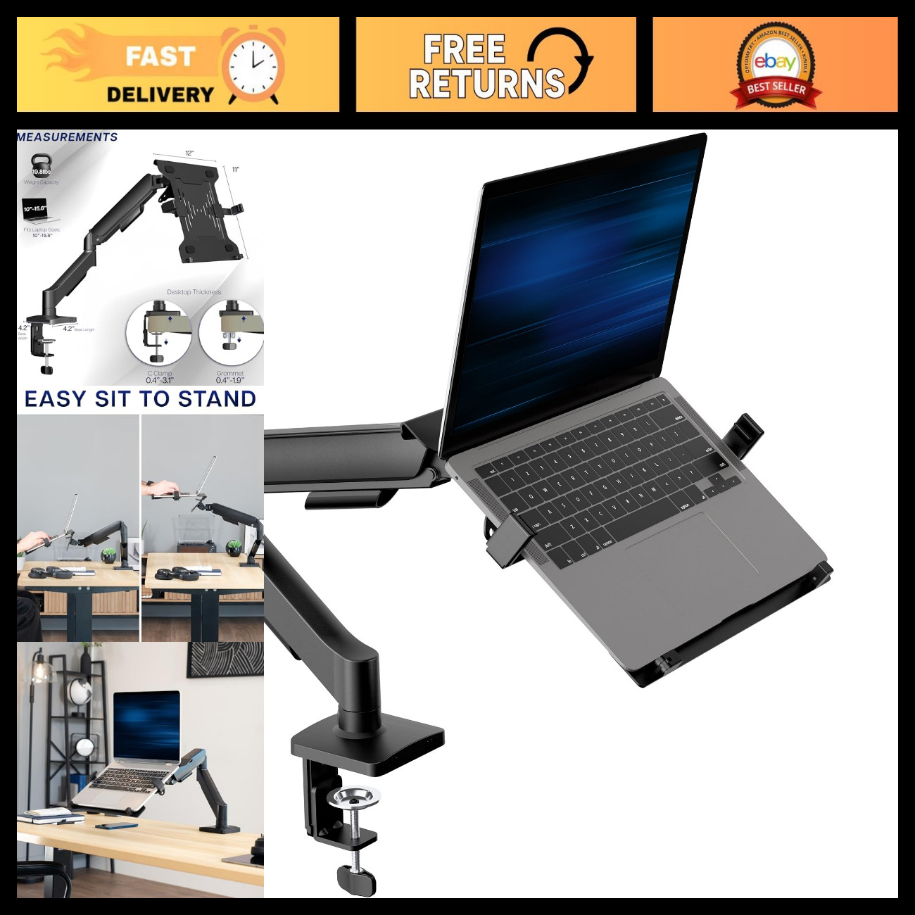 Adjustable Laptop Mount for Desk 10-15.6" - VESA Notebook Stand with C-Clamp & G