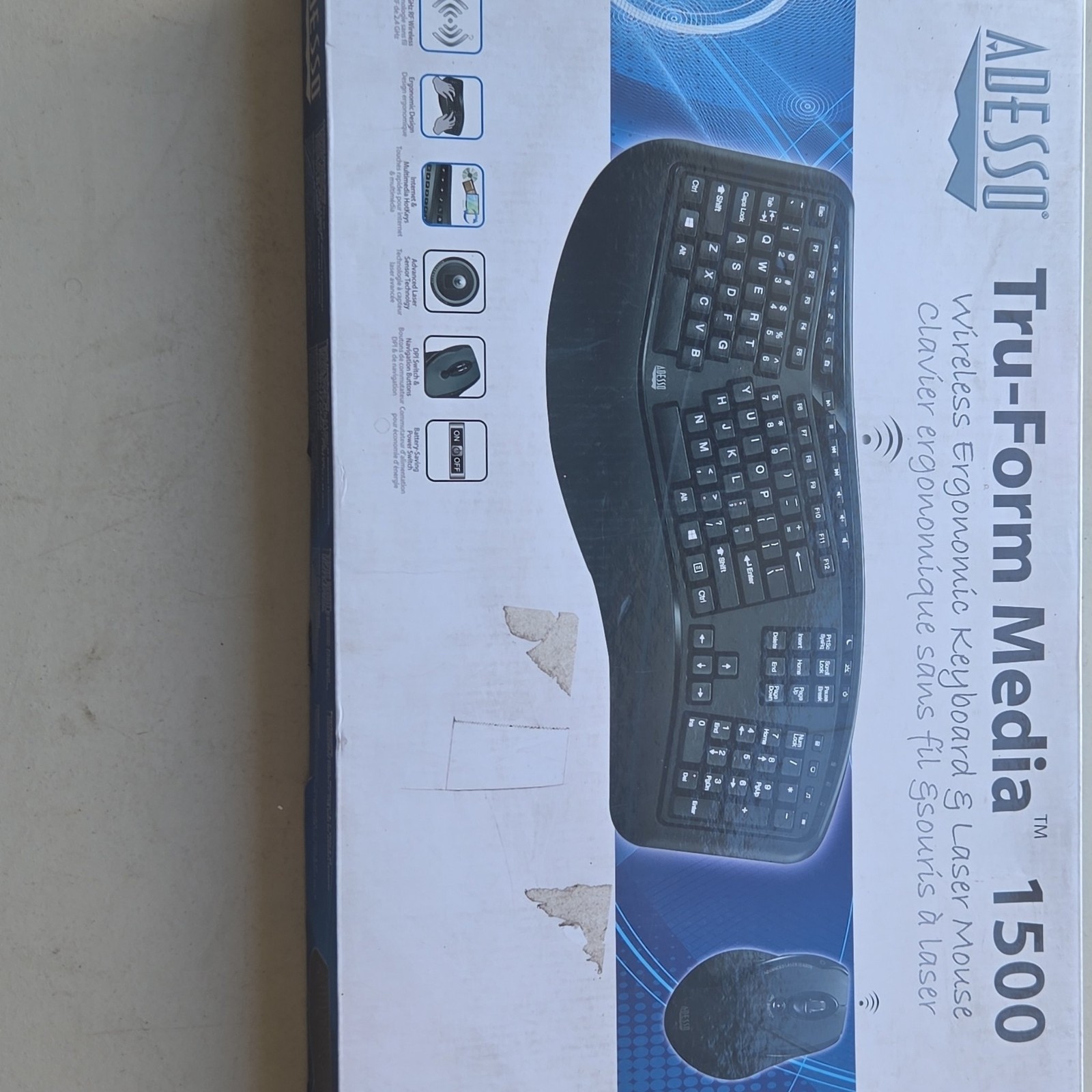 Adesso Tru-Form Media 1500 Wireless Ergonomic Keyboard and Laser Mouse Set Black