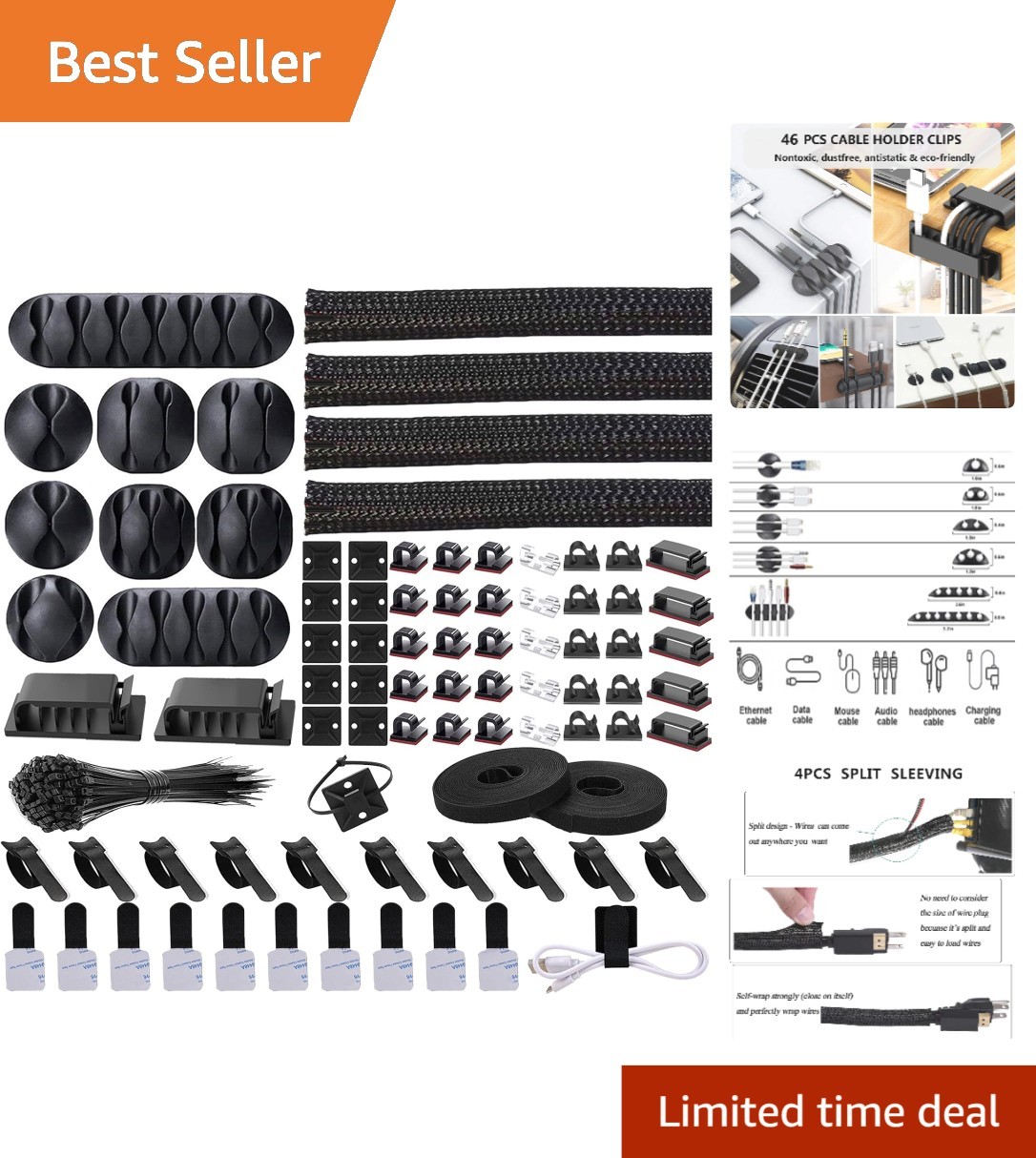 Cord Management Organizer: 4 Sleeves, 36 Clips, 192 Total Pieces