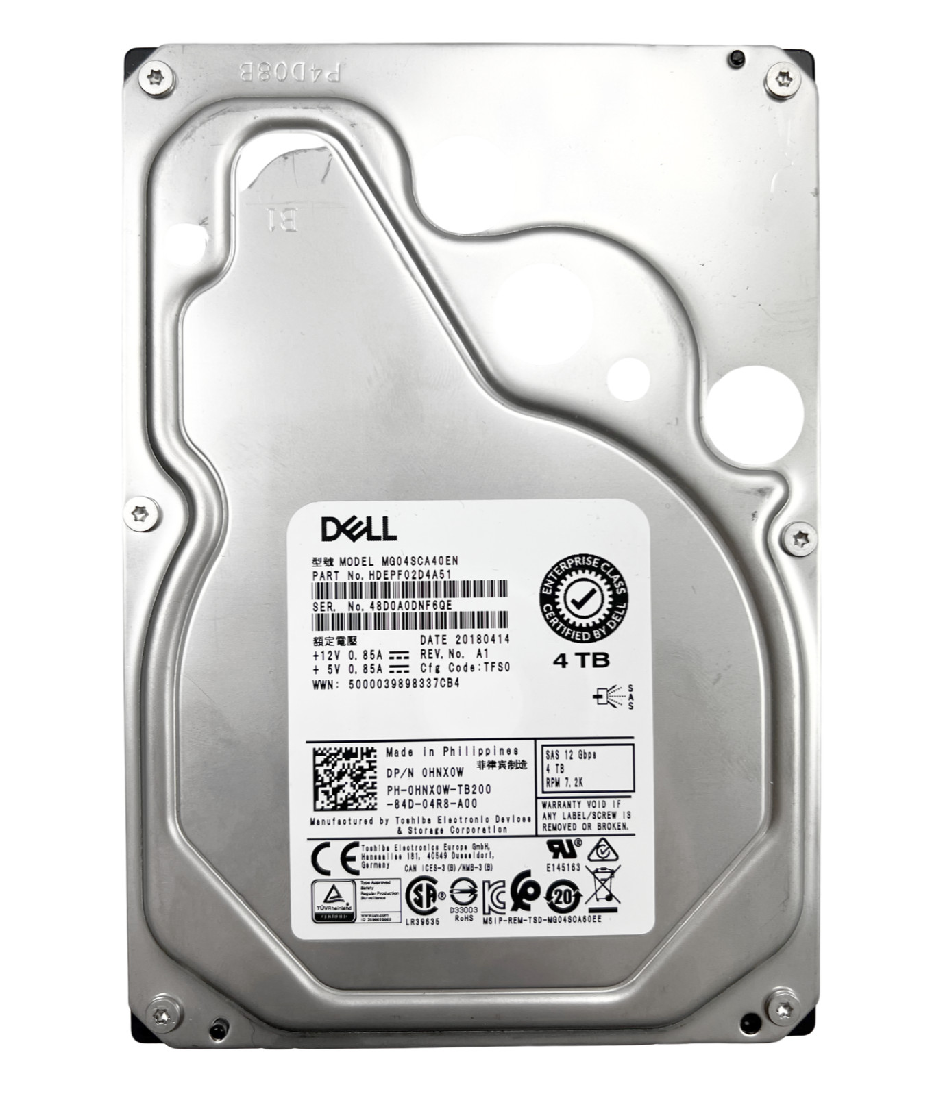 Dell 0F9W8/0HNX0W 4TB, Internal, 7200 RPM SAS 3.5" Hard Drive - MG04SCA40EN