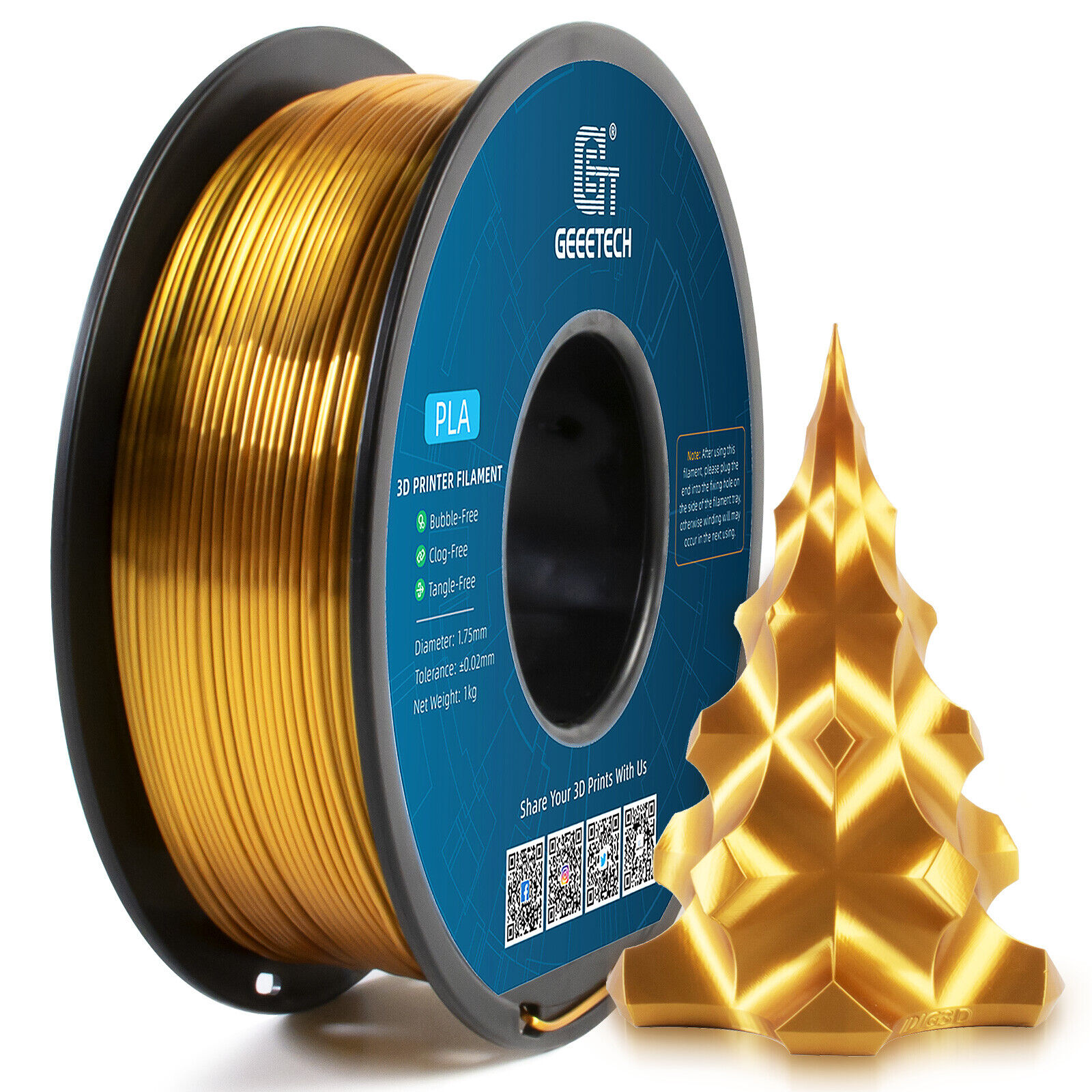 Big Sale！ GEEETECH 3D Printer Silk Gold PLA Filament 1.75mm 1kg Roll Silky Shiny