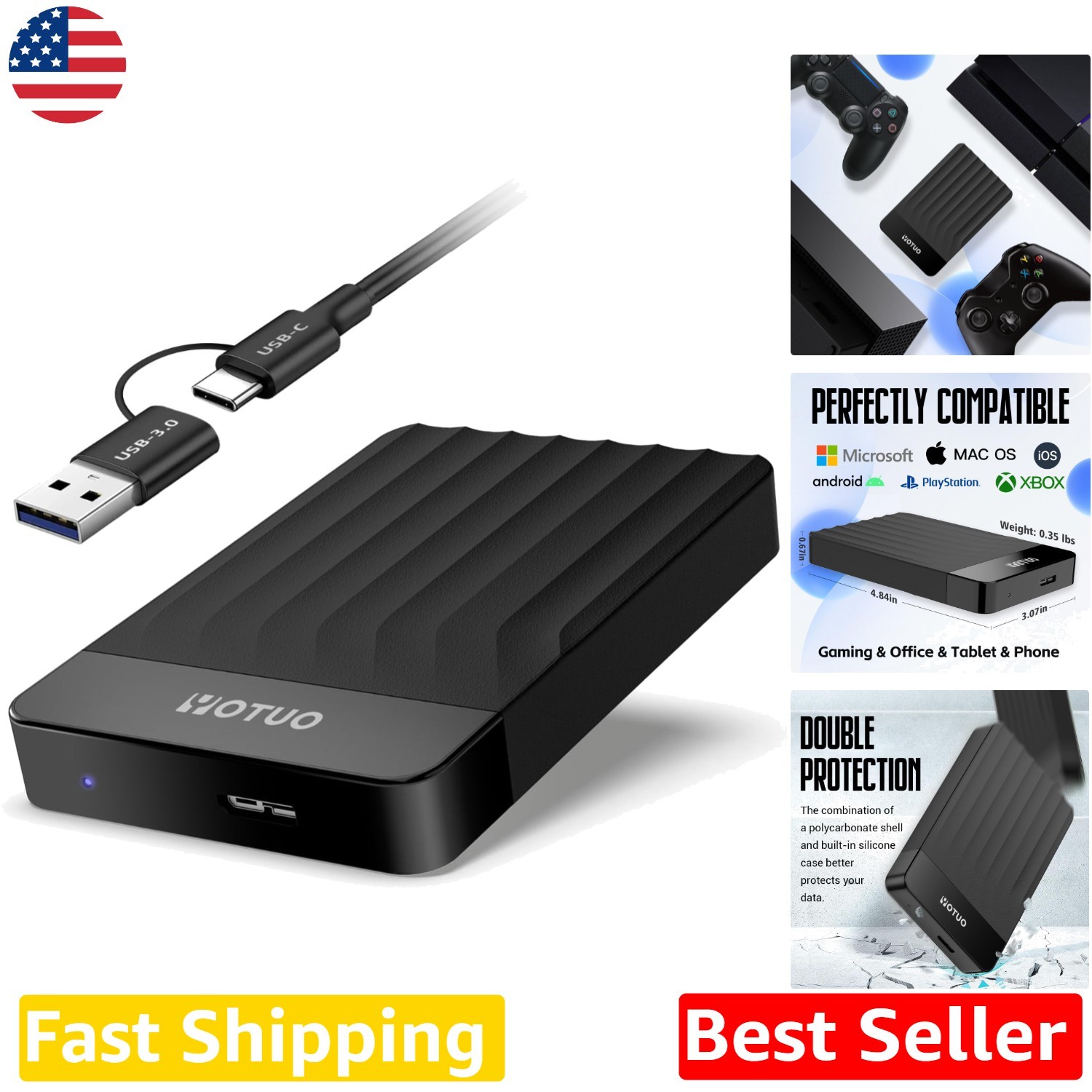 Portable 750GB External HDD USB 3.0 Type-C Fast 7200RPM Gaming Work