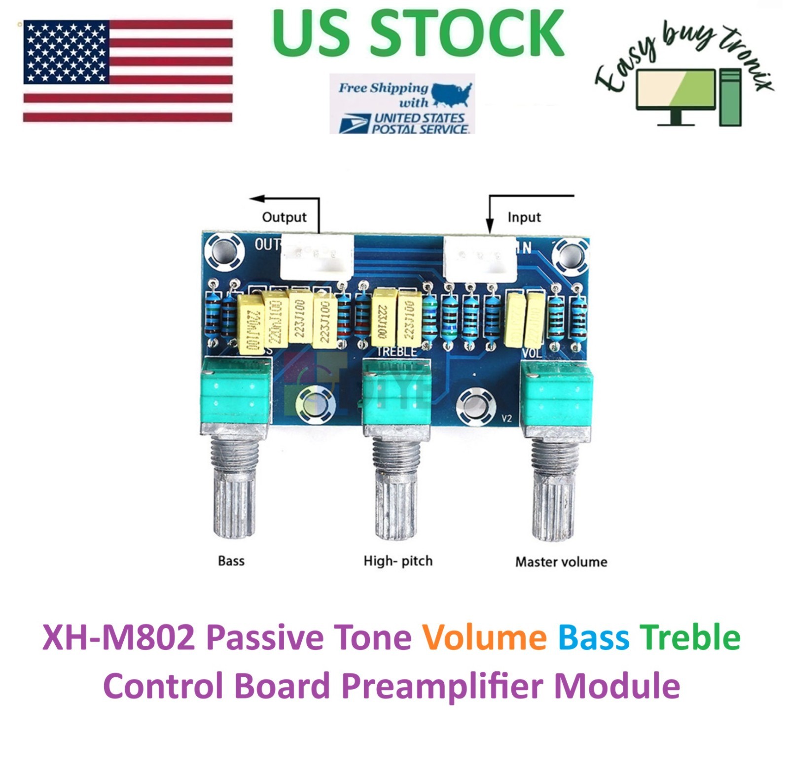 1Pcs XH-M802 Passive Tone Volume Bass Treble Control Board Preamplifier Module
