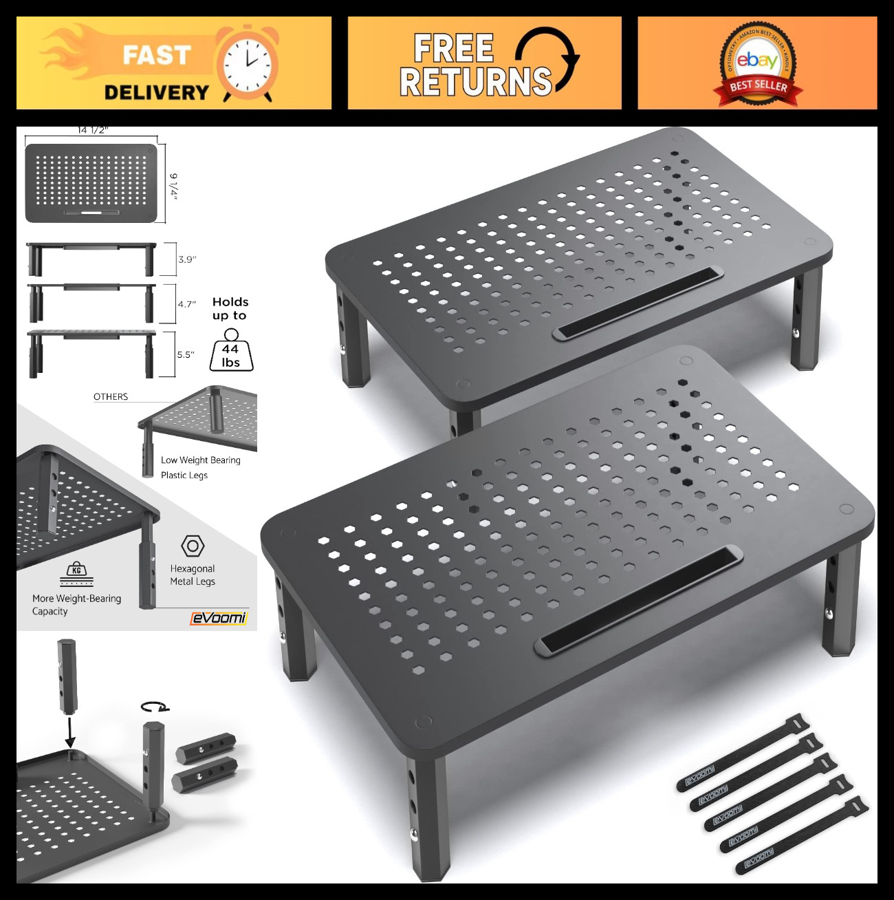 Adjustable Monitor Stand Riser - 2 Pack Desk Organizer - Anti-Skid Steel - Free