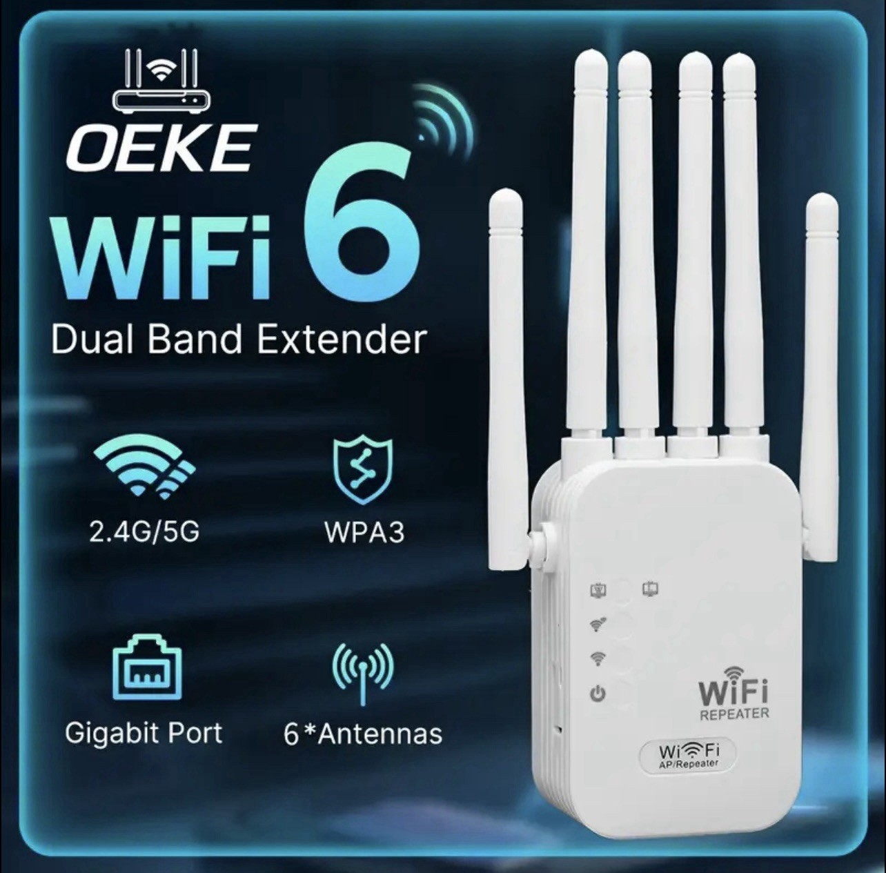 WiFi Range Extender 6 Antenna High Speed WiFi Enhancement Covers 9000’ Easy DIY