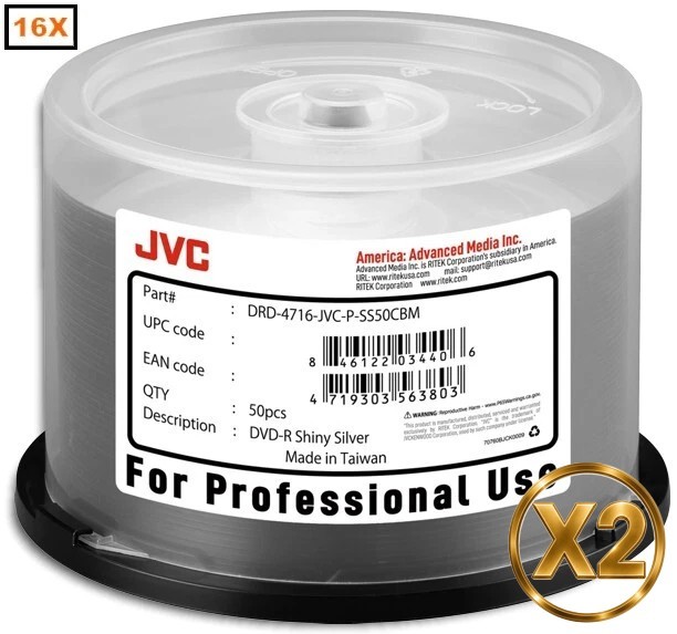 100-Pak JVC PRO (Ritek Pro) 16X 4.7GB Shiny-Silver Top DVD-R's in Cakebox