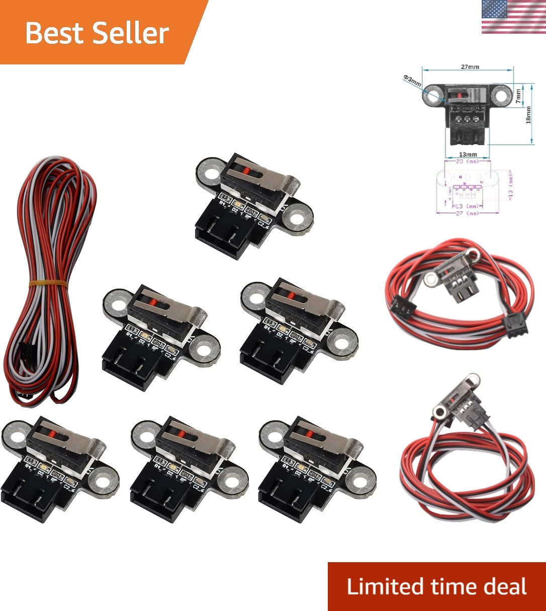 6 pcs 3D Printer Limit Switch Module with 1m 3-Pin Cables - Reliable and Compact
