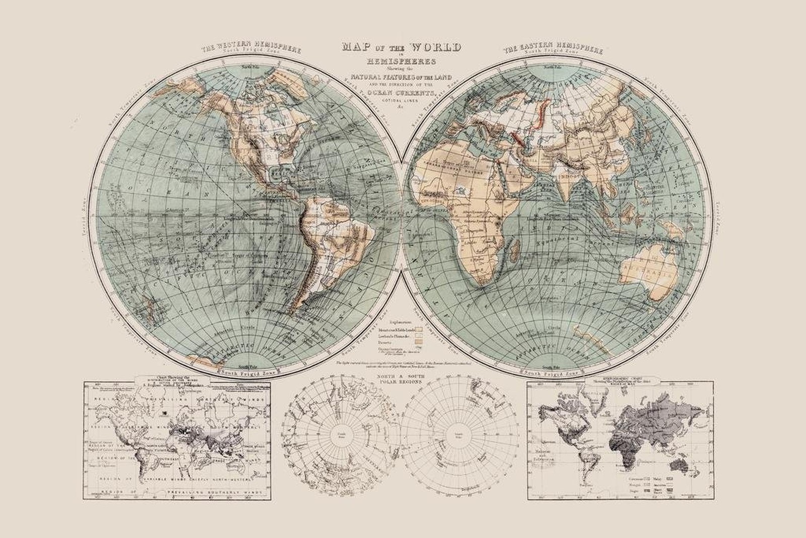 1869 World Hemispheres and Natural Features Antique Style Map Cool Wall Art P...