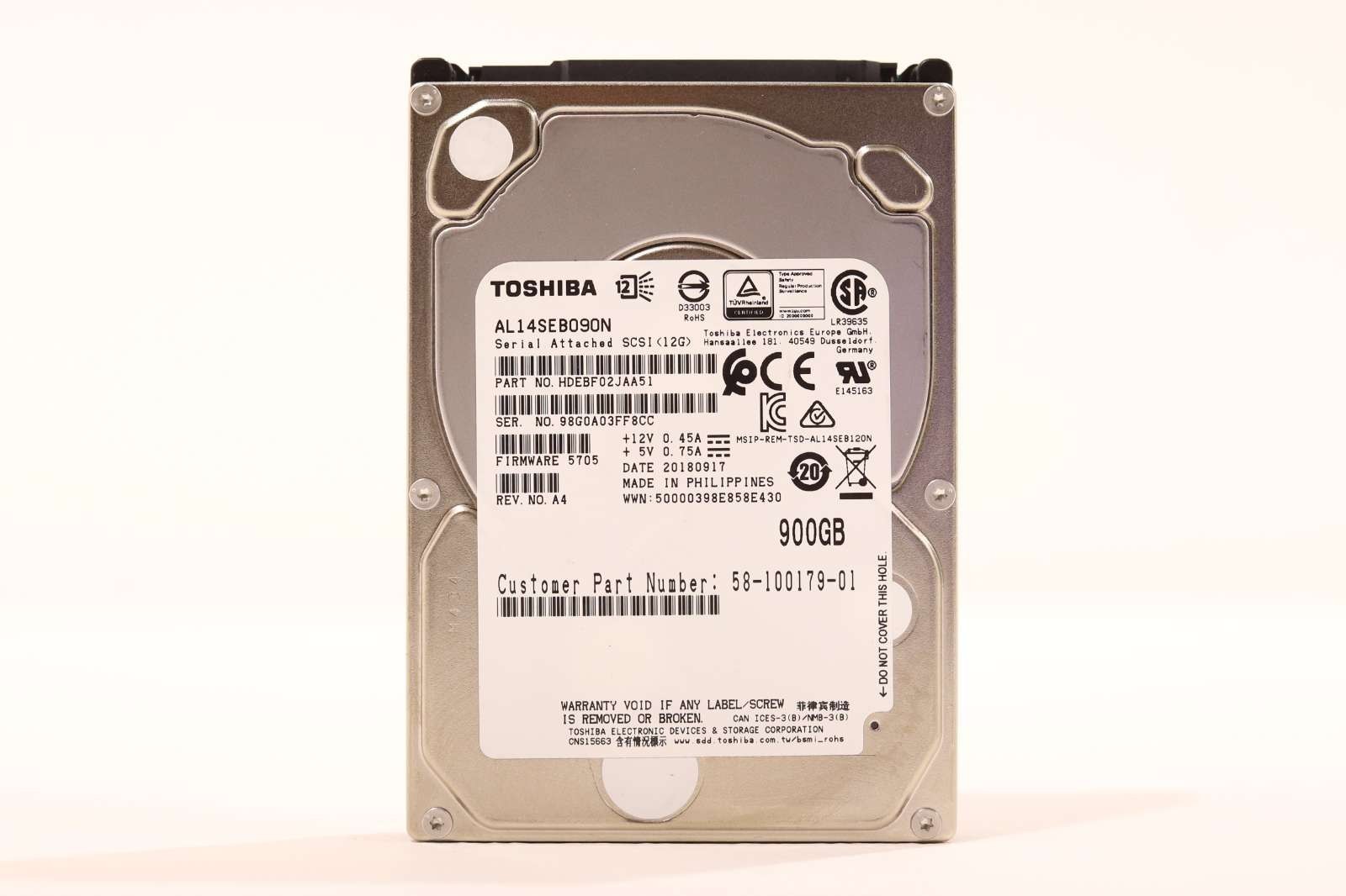 Toshiba AL14SEB090N 900GB 2.5" 12Gb/s 10K RPM SAS Hard Drive P/N: 58-100179-01