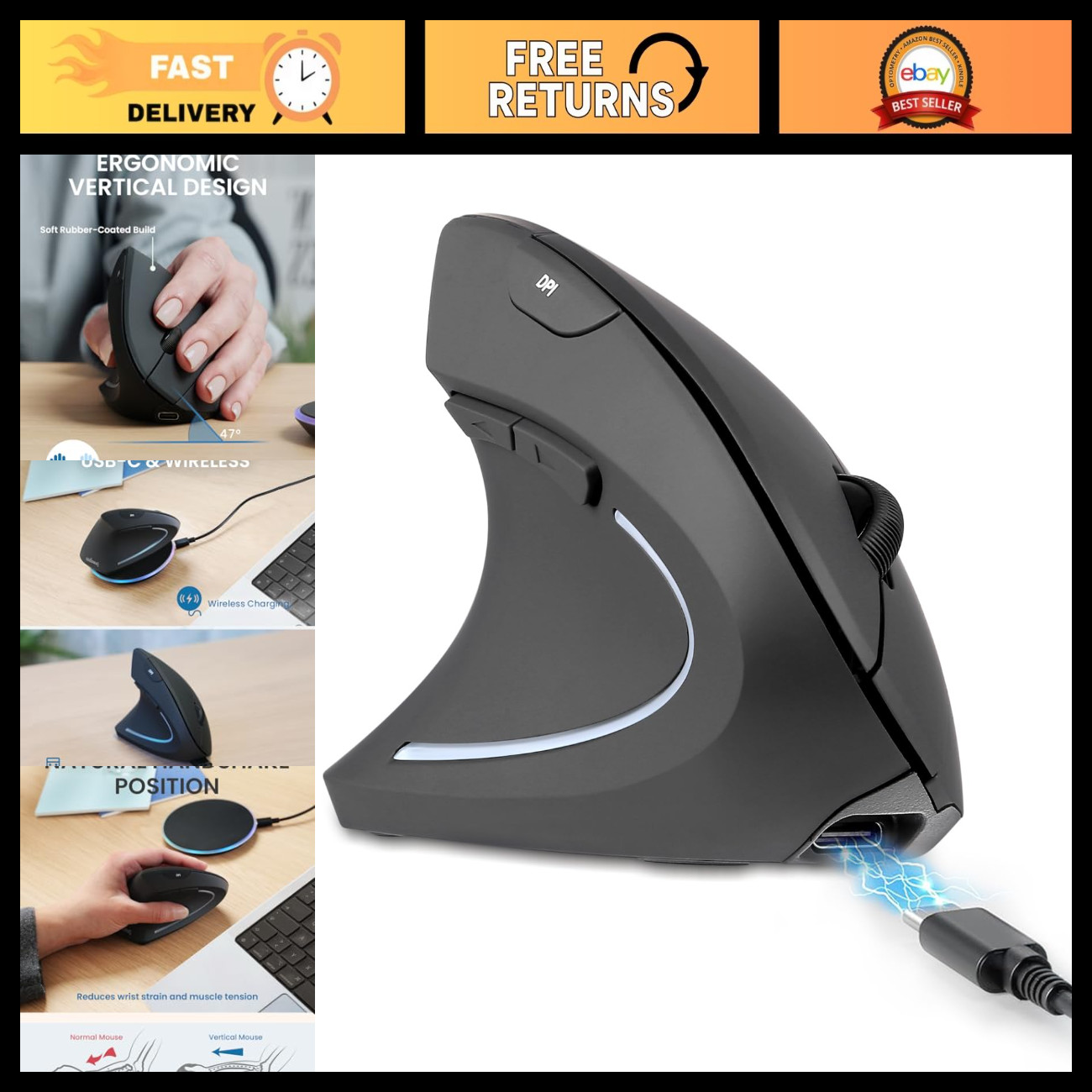 Cordless Rechargeable Left-Handed Vertical Mouse - Wired & Wireless Charging, 6
